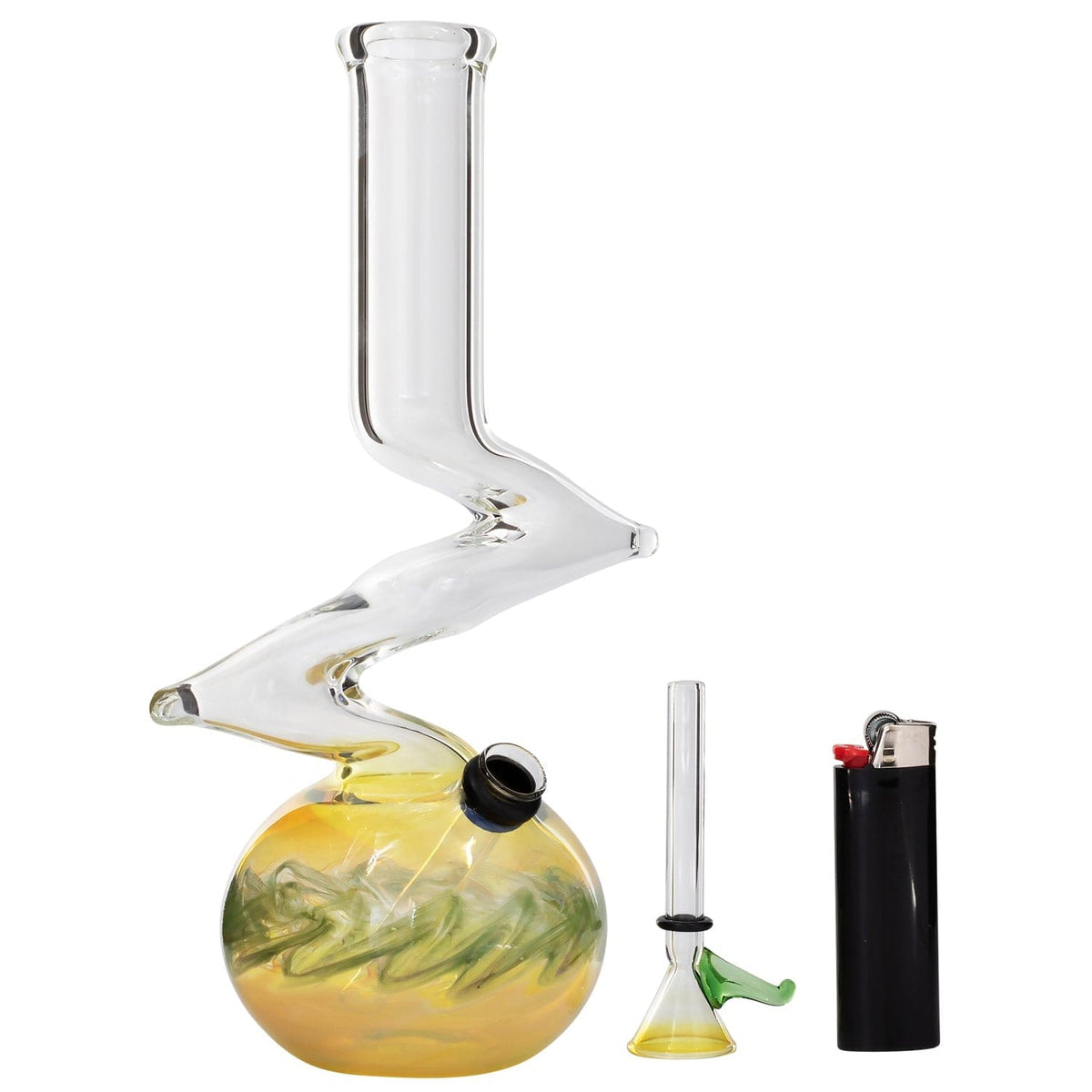 A front view of the 10" Zong Bubble Base Bong, showcasing its rounded base and clear glass construction next to a lighter.