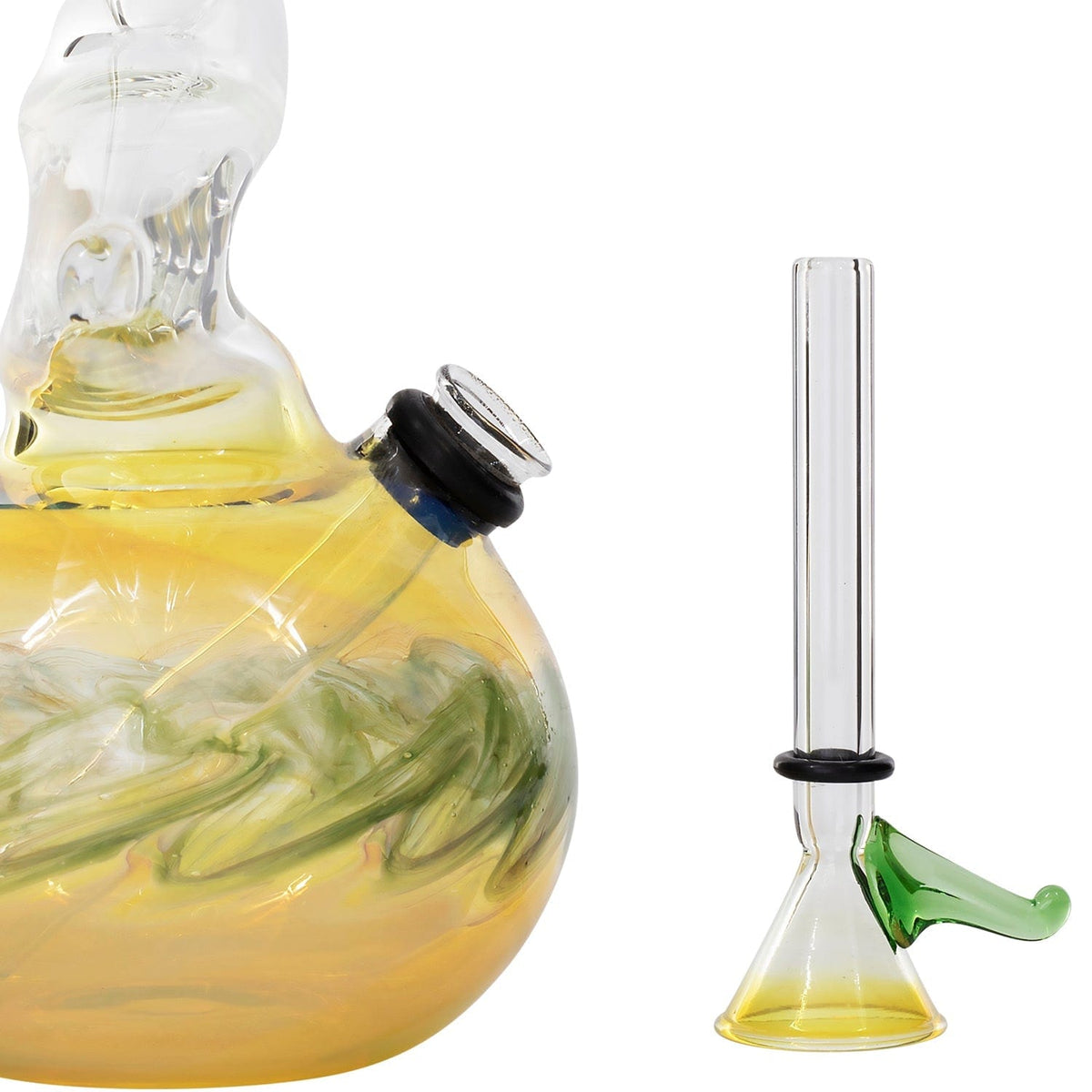 A side view of the 10” Zong Bubble Base Bong with a yellow tint and swirling patterns in the glass.
