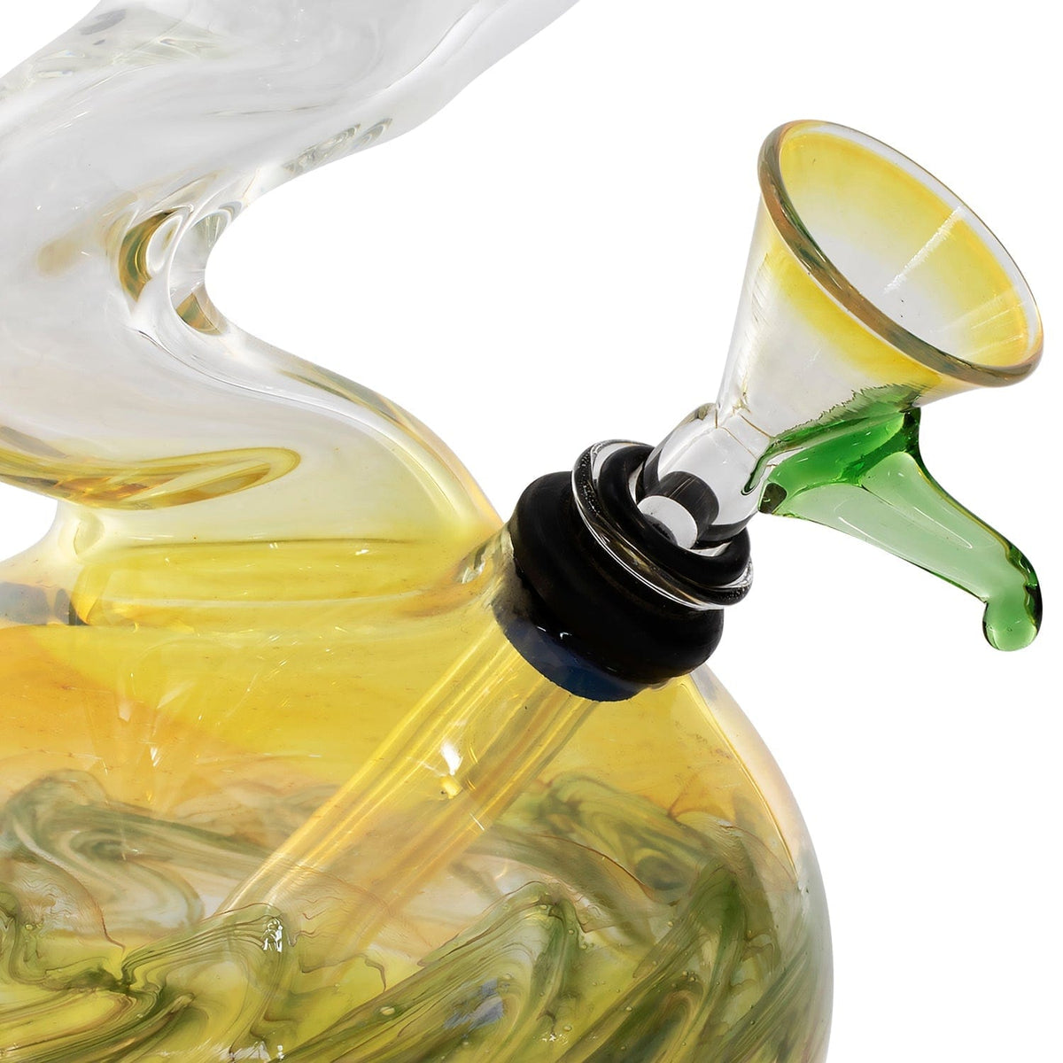 A detailed close-up of the 10" Zong Bubble Base Bong, showcasing its clear glass construction and curved neck design.
