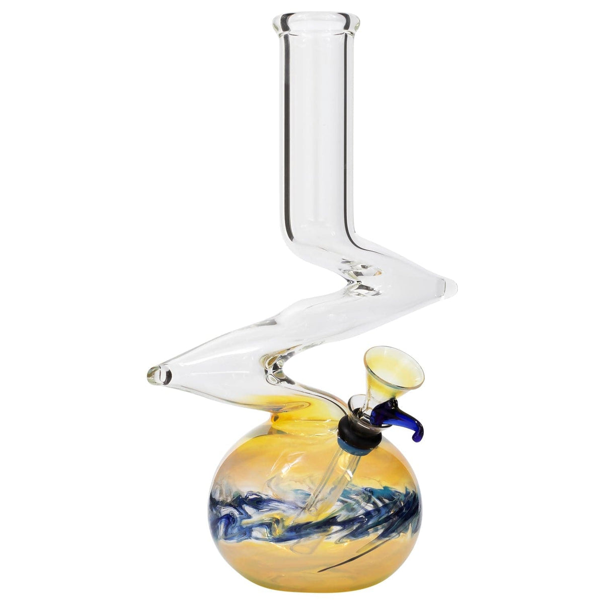 A front view of the 10" Zong Bubble Base Bong, featuring a rounded base with swirling blue and yellow accents in clear glass.