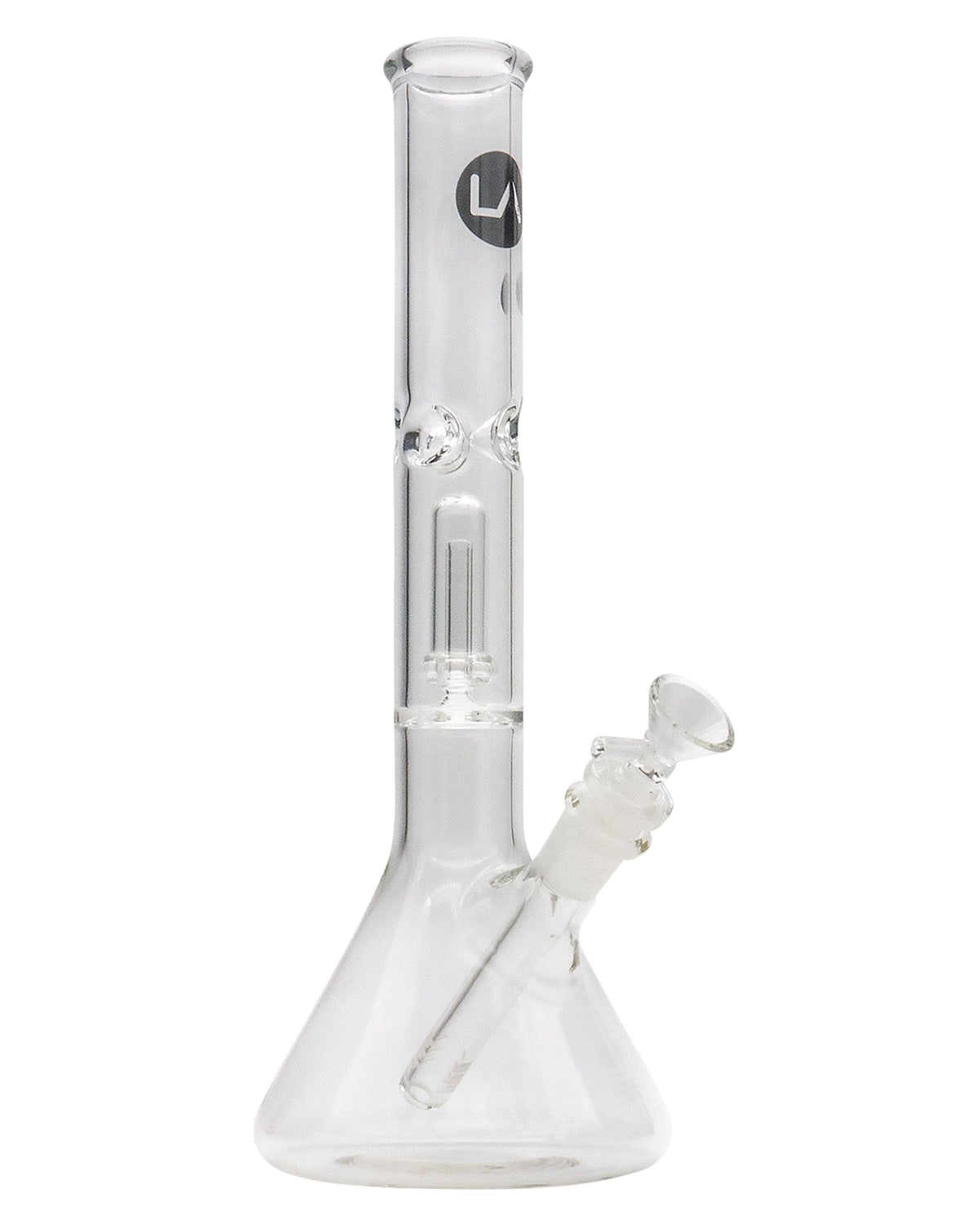 A straight-on view of the 12" Clear Single UFO Showerhead Perc Beaker, highlighting its clear glass construction and simple beaker shape.