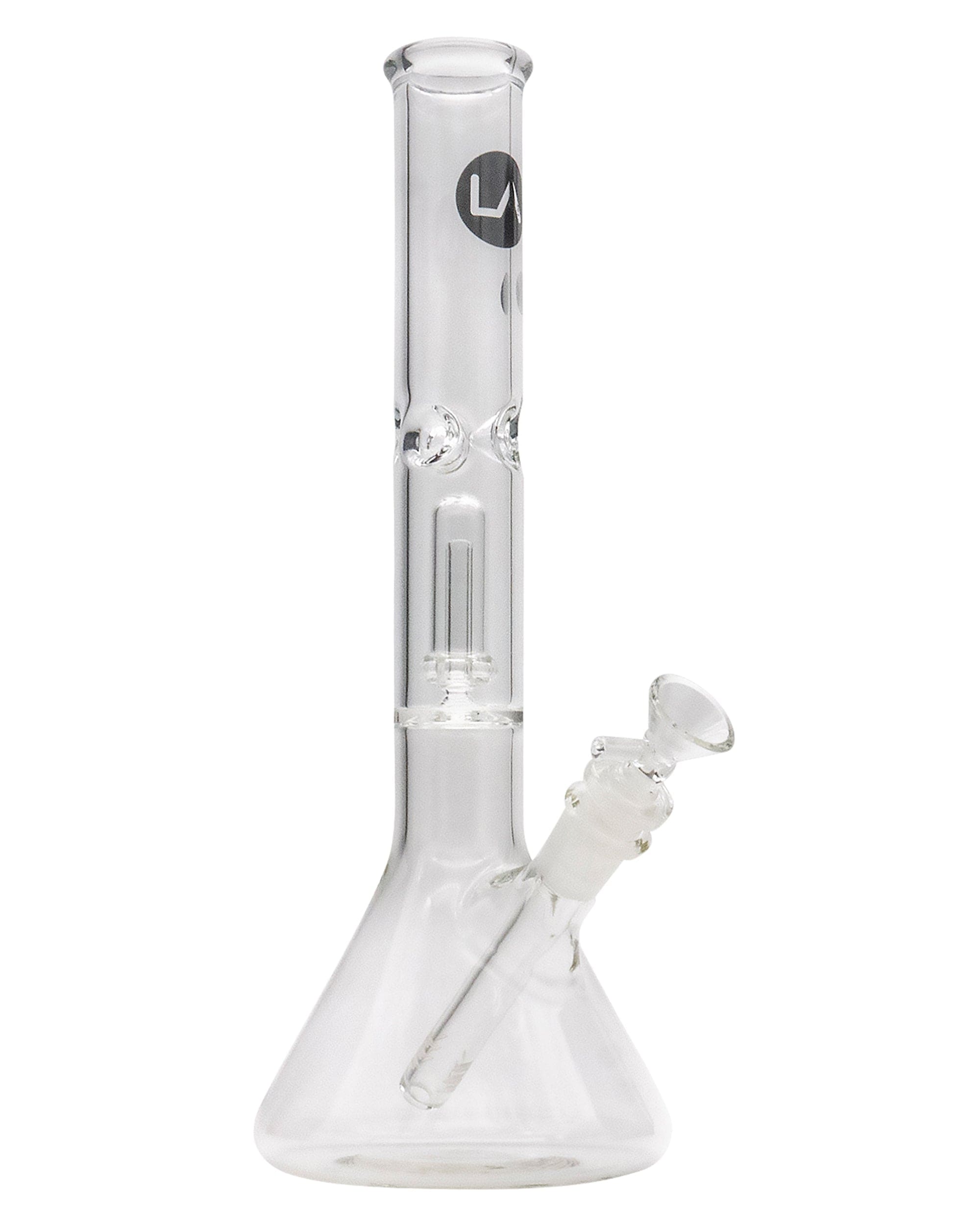 A straight-on view of the 12" Clear Single UFO Showerhead Perc Beaker, highlighting its clear glass construction and simple beaker shape.