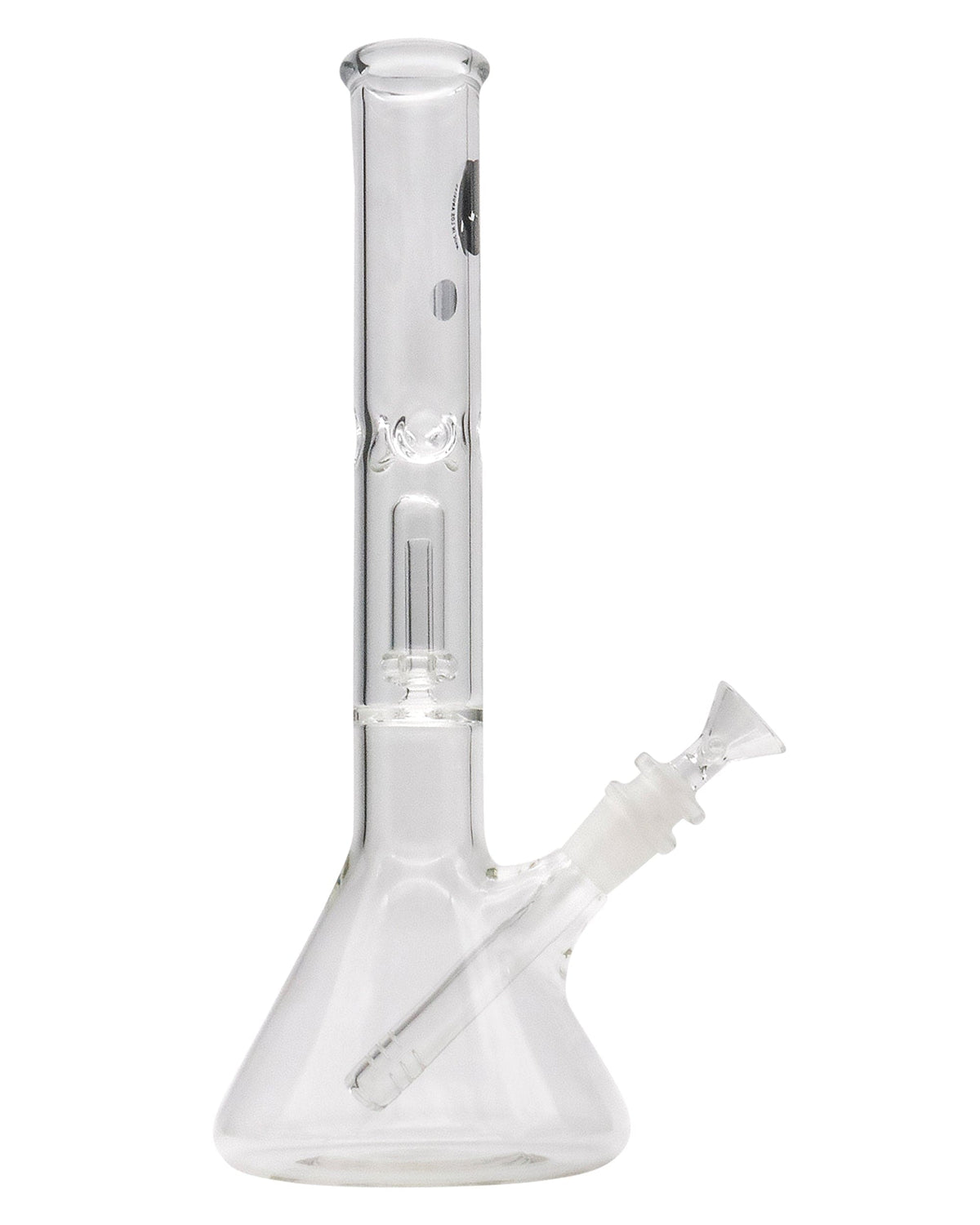 A front view of the 12" Clear Single UFO Showerhead Perc Beaker, showcasing its clear glass construction and beaker shape.