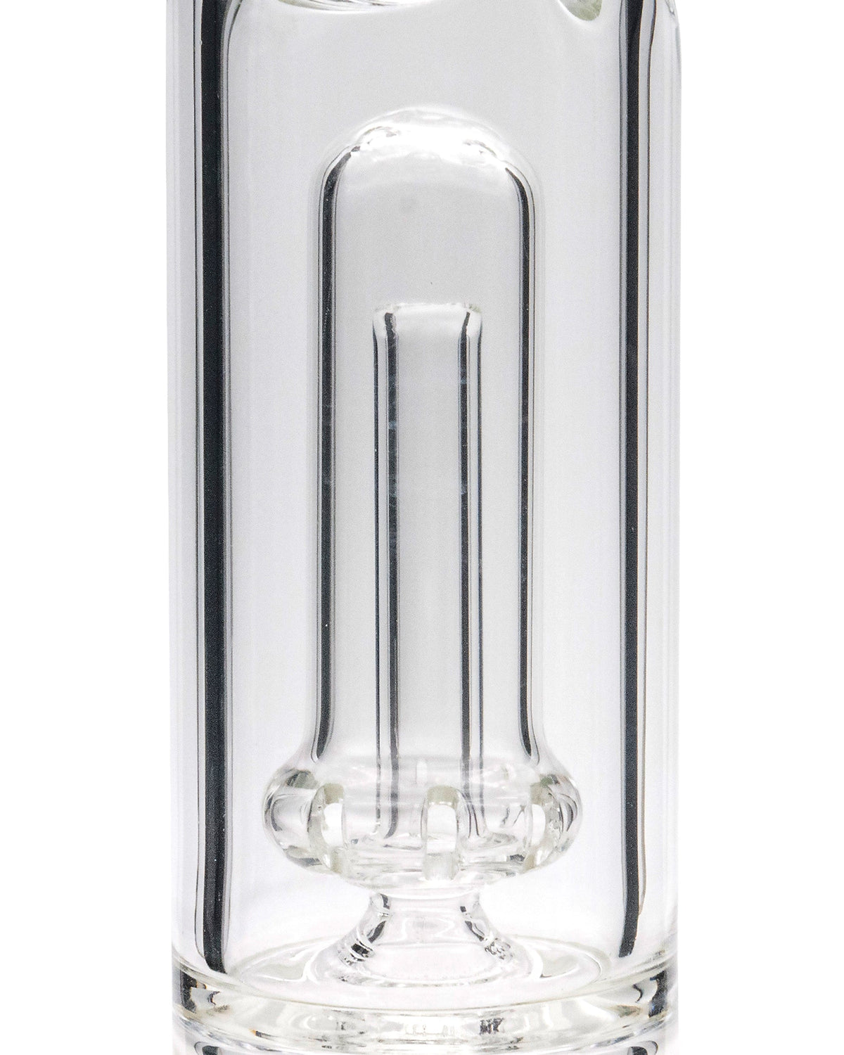 A straight-on view of the 12" Clear Single UFO Showerhead Perc Beaker, showcasing its clear glass construction and unique showerhead perc design.