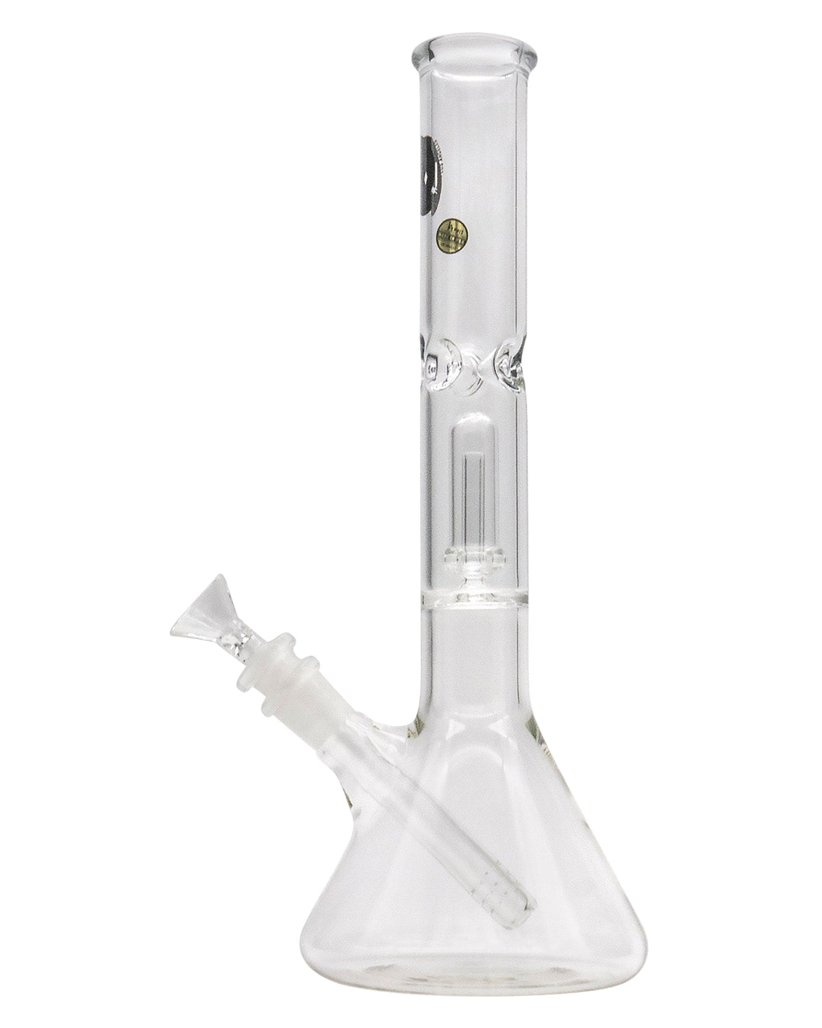 Front view of the 12" Clear Single UFO Showerhead Perc Beaker, showcasing its clear glass construction and beaker shape.