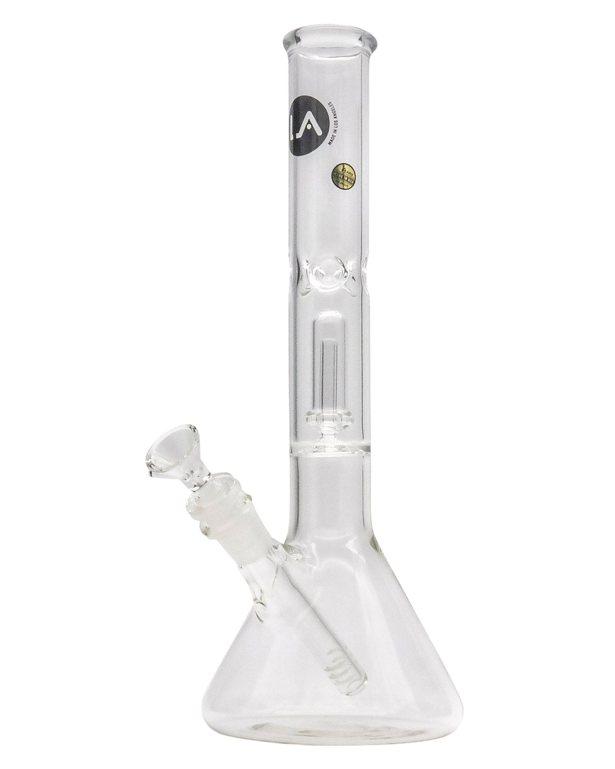 A studio shot of the 12" Clear Single UFO Showerhead Perc Beaker, showcasing its clear glass construction and downward-facing showerhead perc.