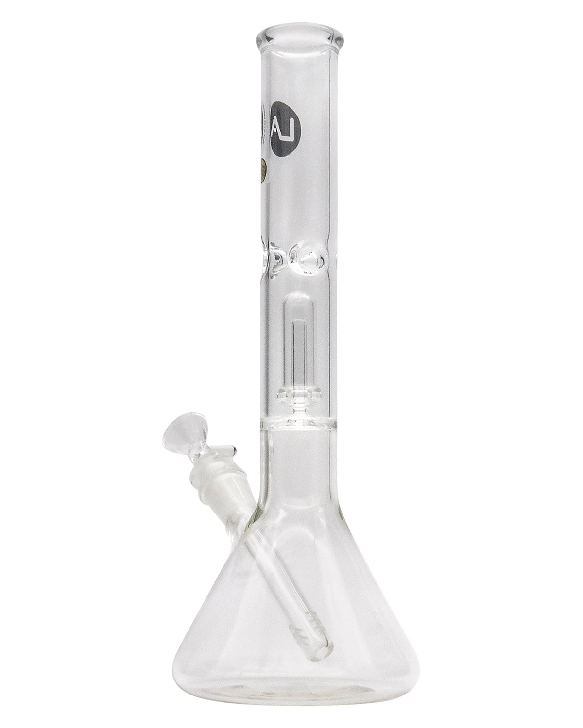 A straight-on view of the 12" Clear Single UFO Showerhead Perc Beaker, showing its clear glass construction and simple beaker shape.