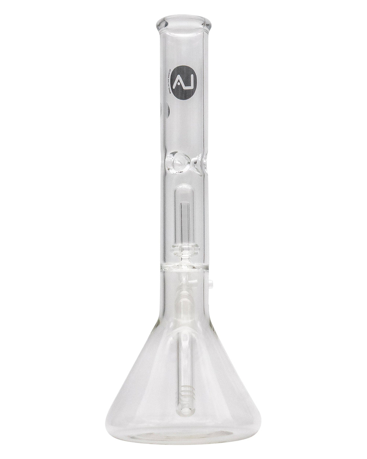 A front view of the 12" Clear Single UFO Showerhead Perc Beaker, showcasing its clear glass construction and rounded base.