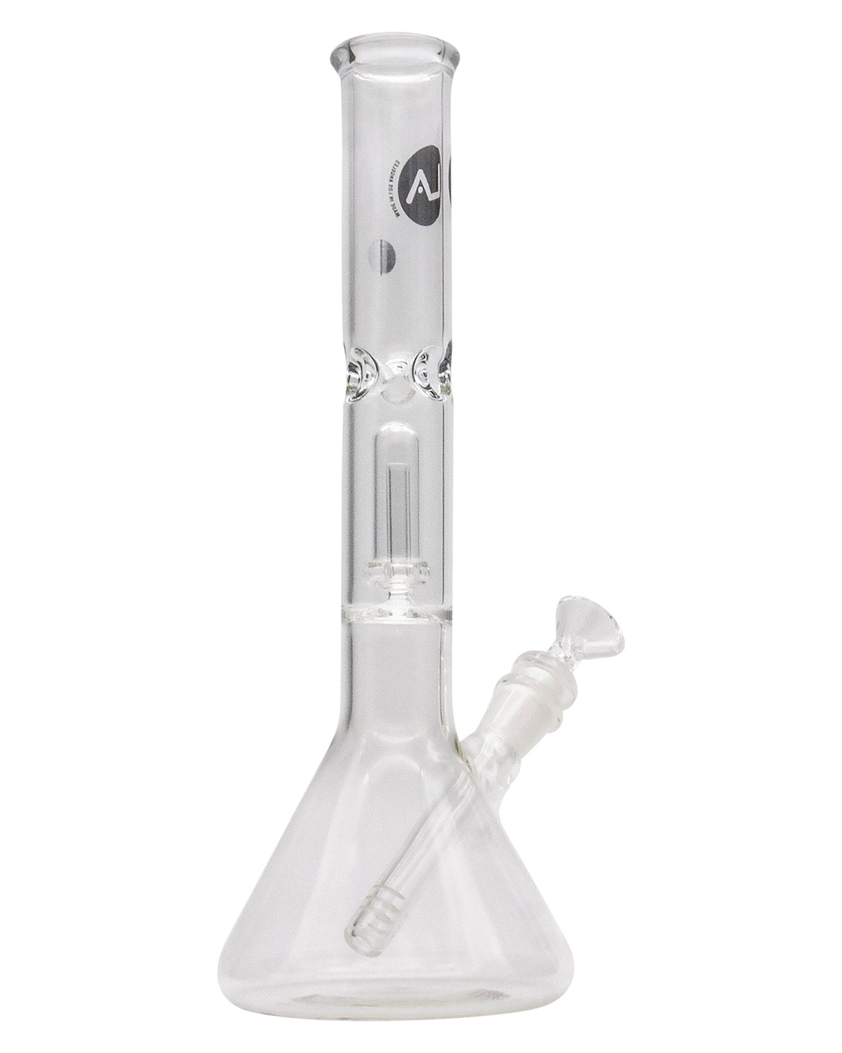 A studio shot of the 12" Clear Single UFO Showerhead Perc Beaker, showcasing its clear glass construction and beaker shape from a slightly low angle.