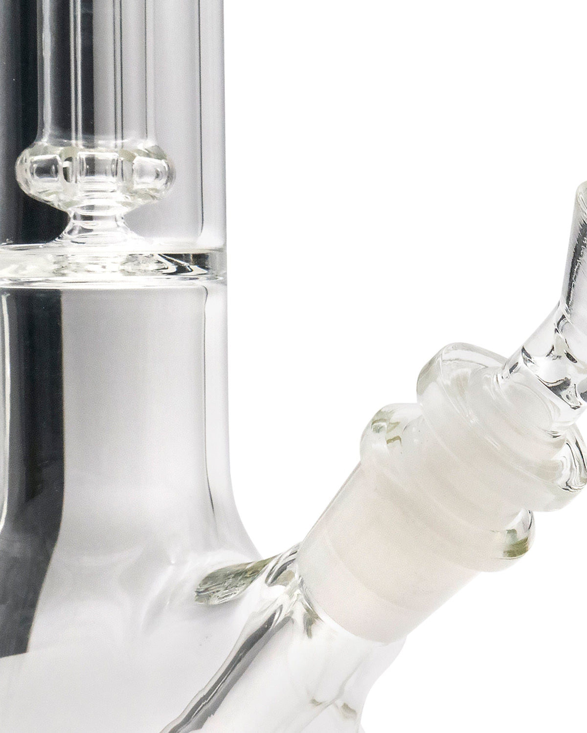 Close-up view of the joint on the 12" Clear Single UFO Showerhead Perc Beaker, showcasing the clear glass construction.