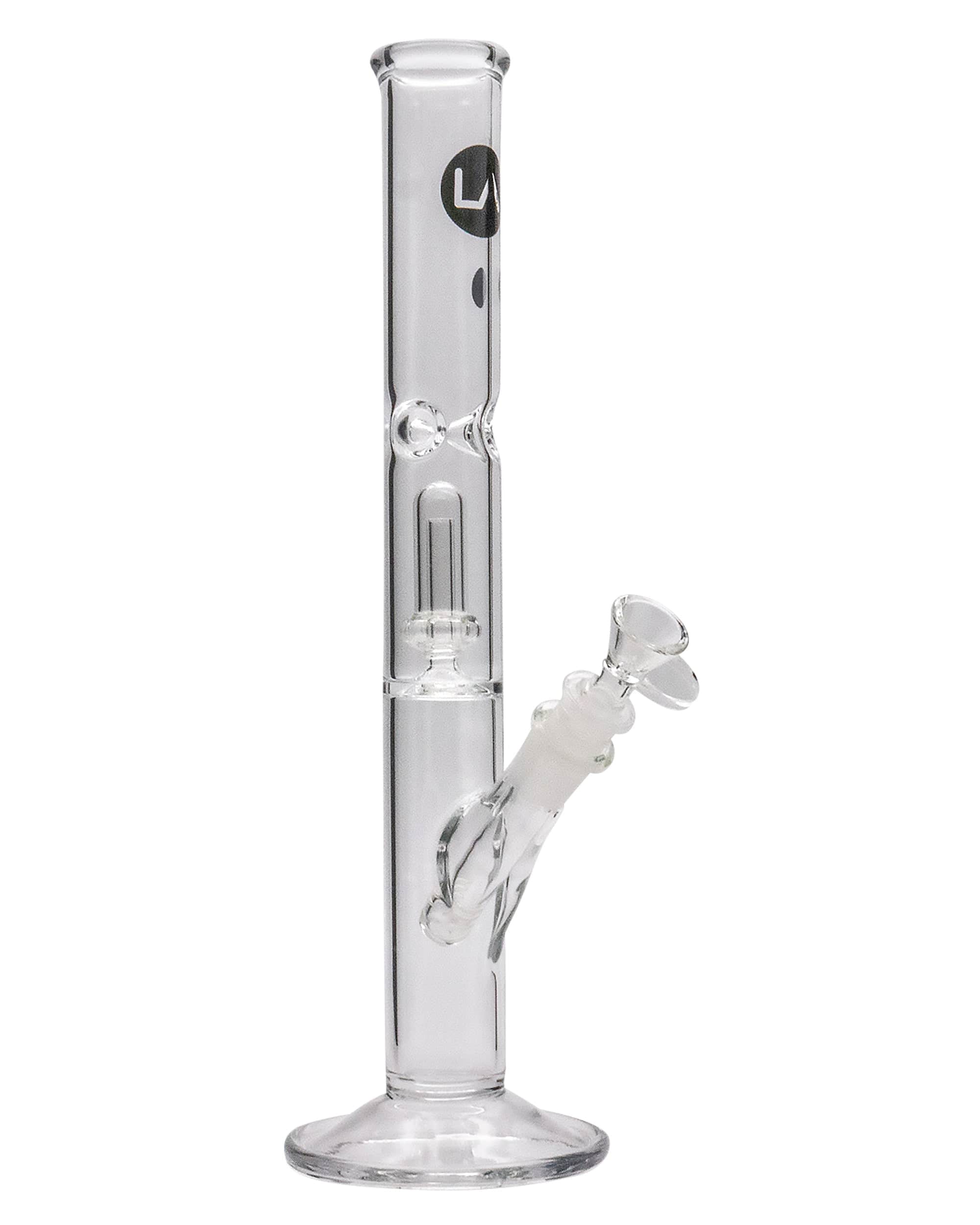 Front view of the 12" Clear Single UFO Showerhead Perc Straight Tube, showing the clear glass tube with a showerhead perc visible inside.