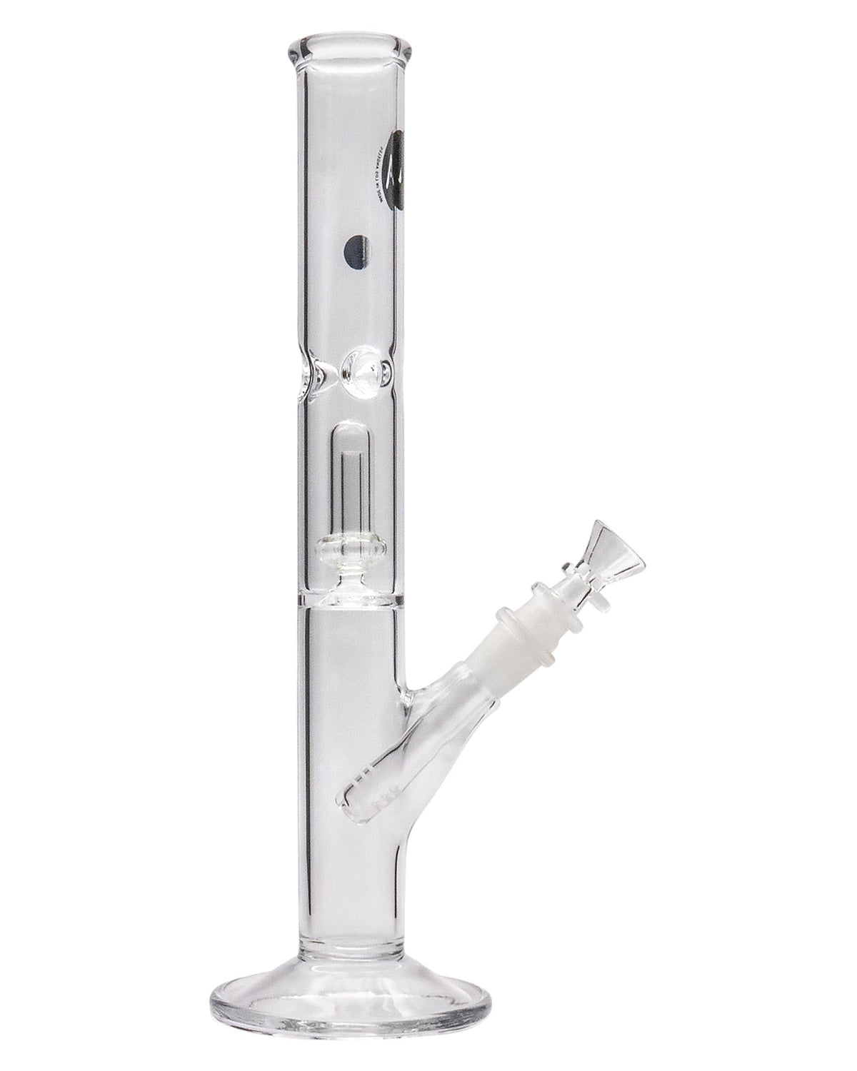 A studio shot of the 12" Clear Single UFO Showerhead Perc Straight Tube, displaying its clear glass construction and simple, cylindrical form.