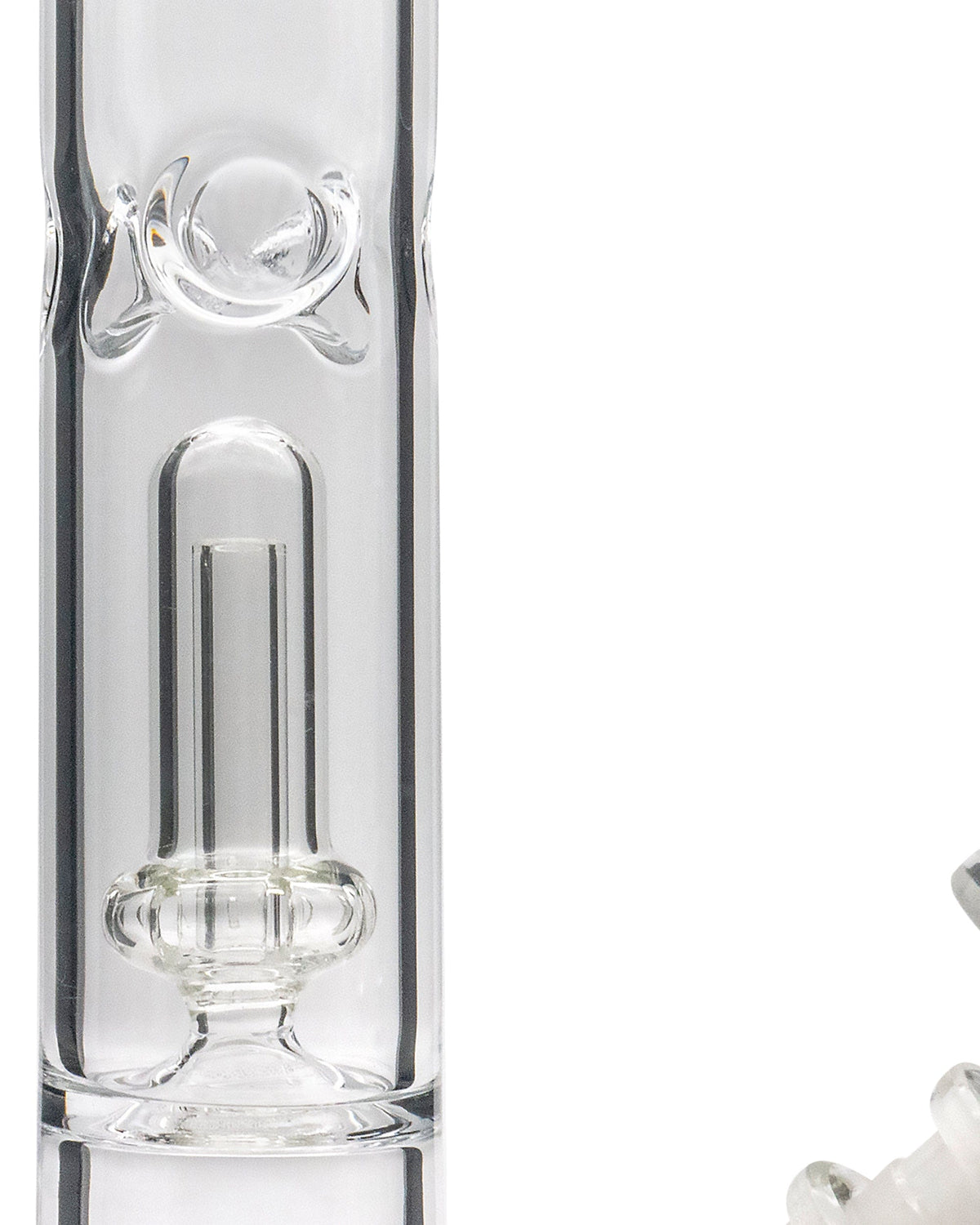 A close-up, angled view of the 12" Clear Single UFO Showerhead Perc Straight Tube, showcasing its clear glass construction.