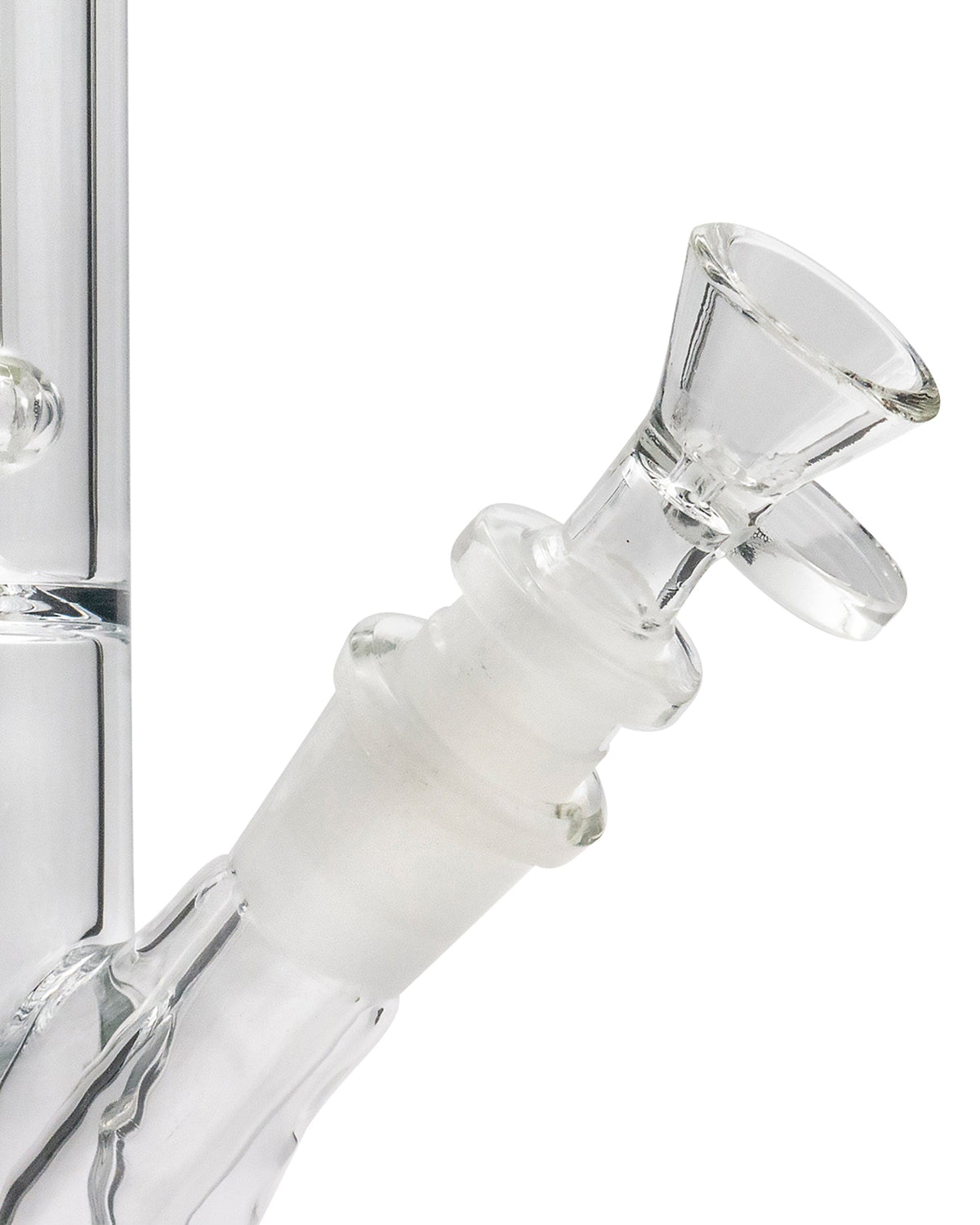 A close-up, angled view of the joint on the 12" Clear Single UFO Showerhead Perc Straight Tube, showcasing its clear glass construction.