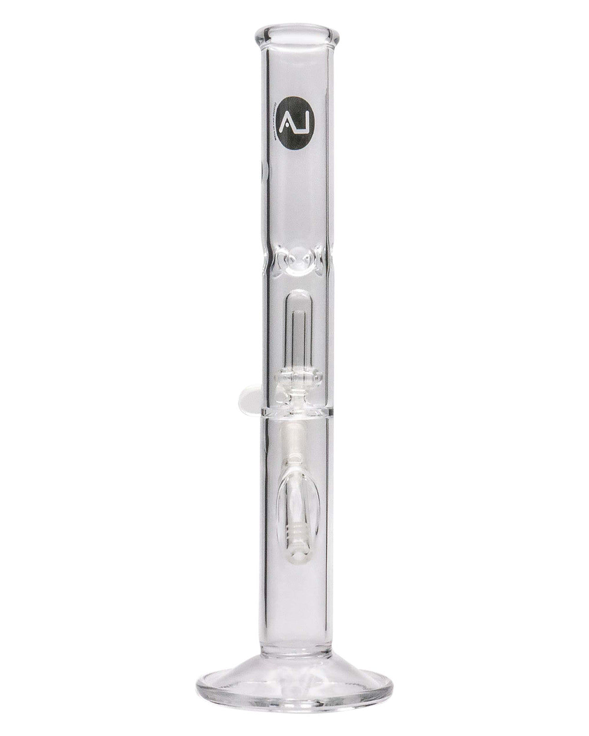 Front view of the 12" Clear Single UFO Showerhead Perc Straight Tube, showing the clear glass tube with a showerhead perc visible inside.