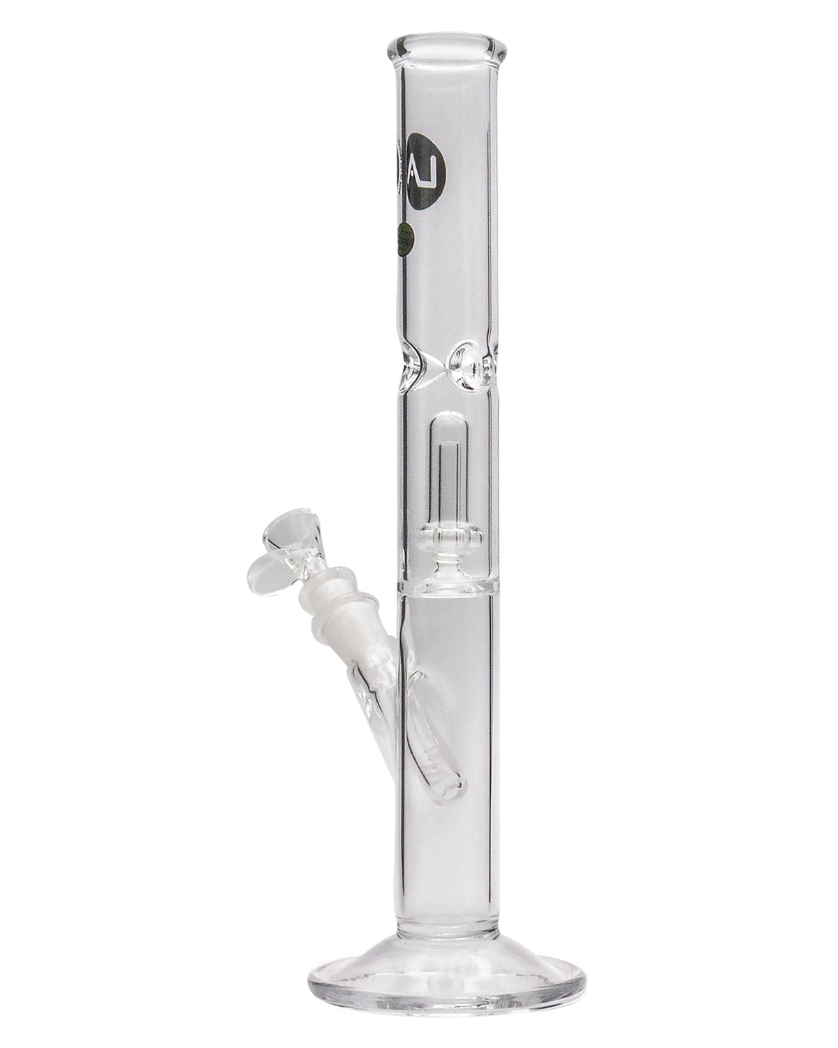 A straight-on view of the 12" Clear Single UFO Showerhead Perc Straight Tube, showcasing its clear glass construction and simple cylindrical shape.