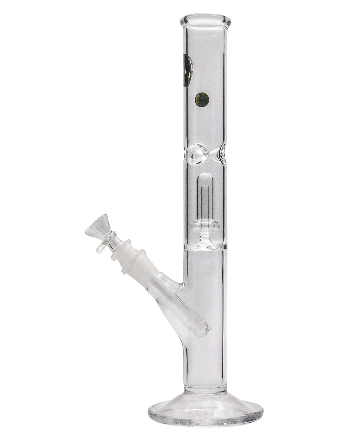 A straight-on view of the 12" Clear Single UFO Showerhead Perc Straight Tube, displaying its clear glass construction and simple cylindrical form.