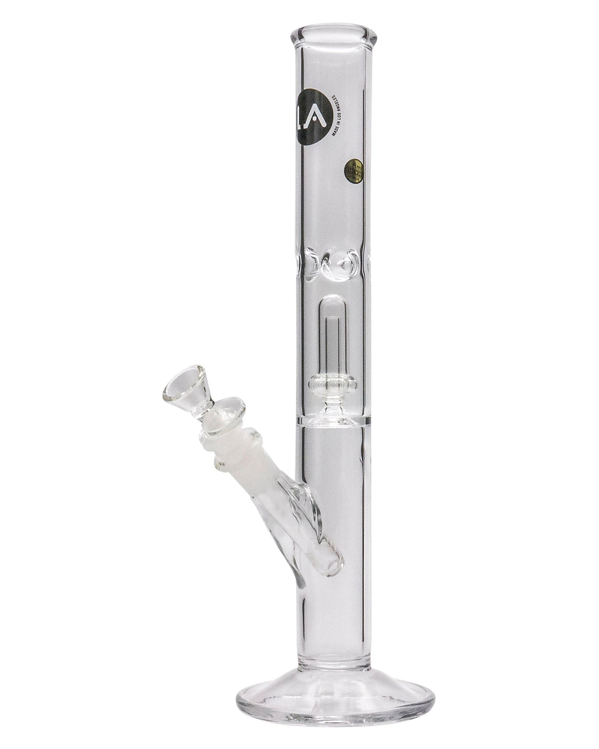 A studio shot of the 12" Clear Single UFO Showerhead Perc Straight Tube, showing the clear glass tube angled slightly from above.