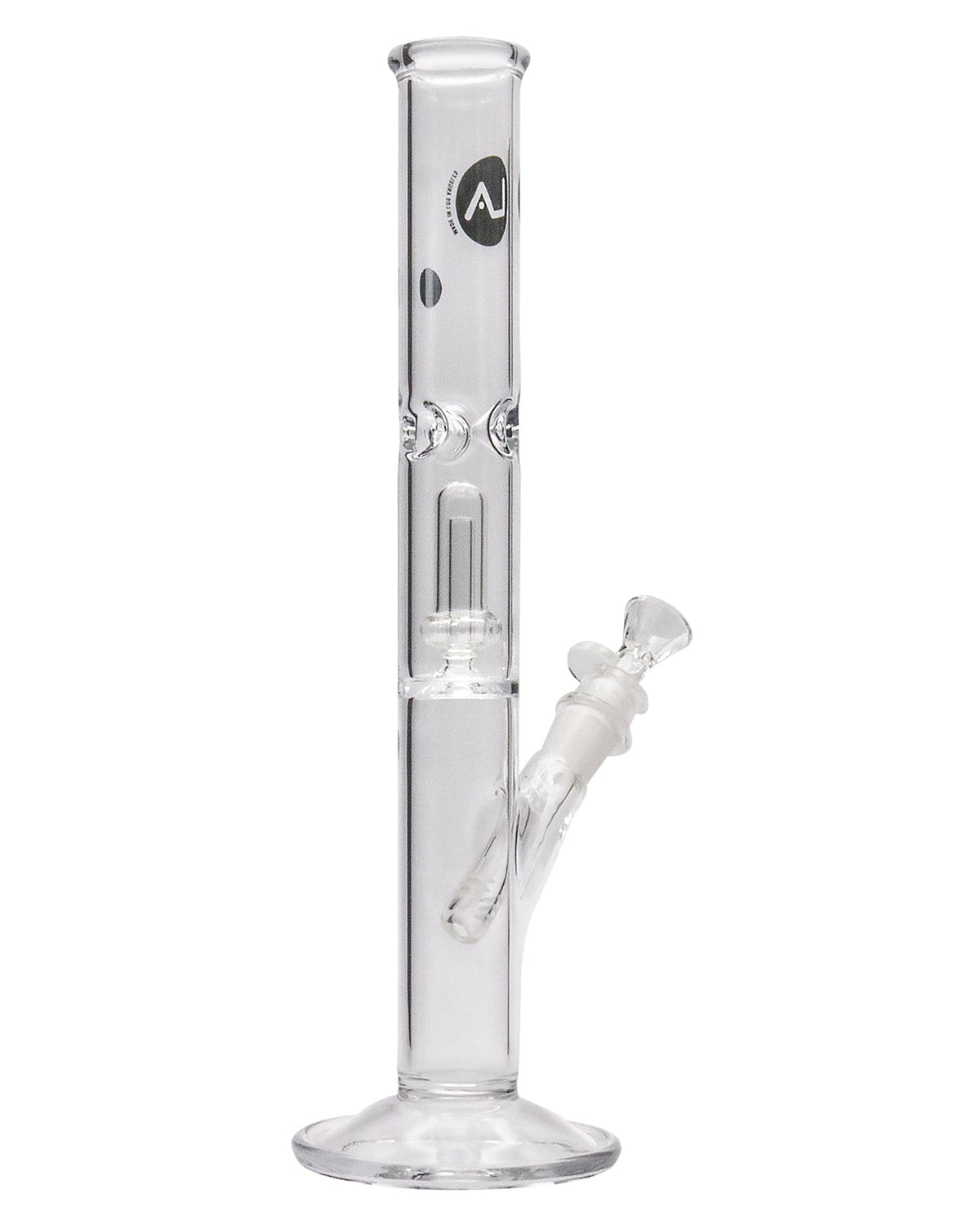 A straight-on view of the 12" Clear Single UFO Showerhead Perc Straight Tube, showing its clear glass construction and simple tube shape.