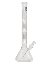 Front view of the 14" Double Showerhead UFO Perc Beaker Bong, showcasing its clear glass construction and beaker shape.