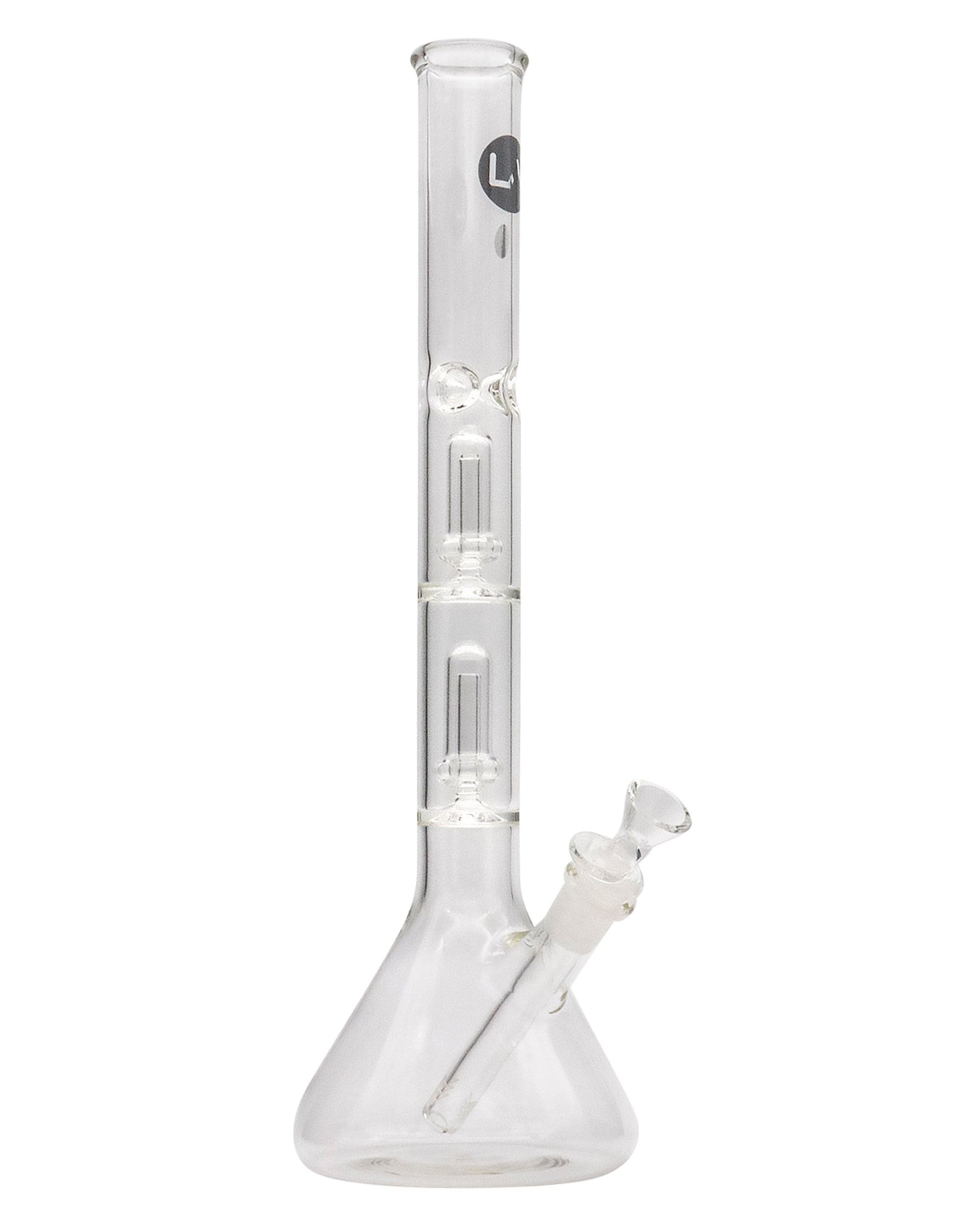 Front view of the 14" Double Showerhead UFO Perc Beaker Bong, showcasing its clear glass construction and beaker shape.
