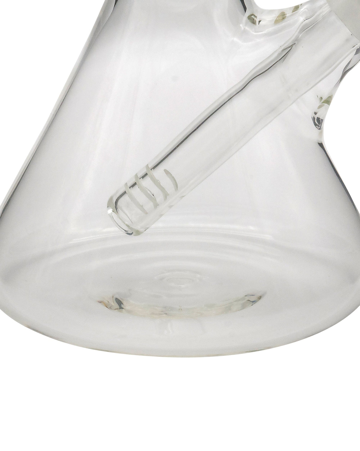 A front view of the 14" Double Showerhead UFO Perc Beaker Bong, showcasing its clear glass construction and wide beaker shape.