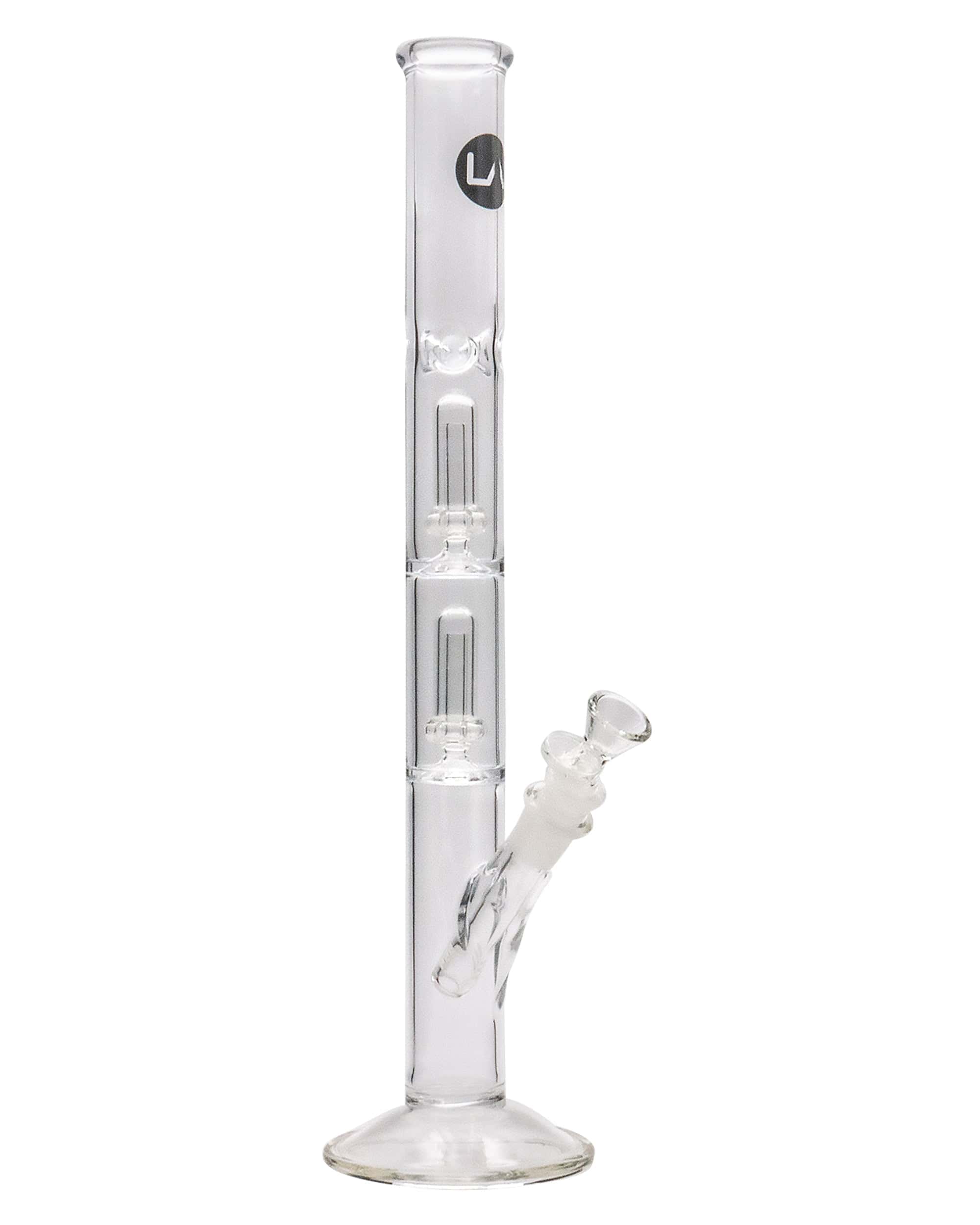 A straight-on view of the 14" Tall Clear Double UFO Showerhead Perc Straight Tube, showcasing the clear glass construction and showerhead perc detail.