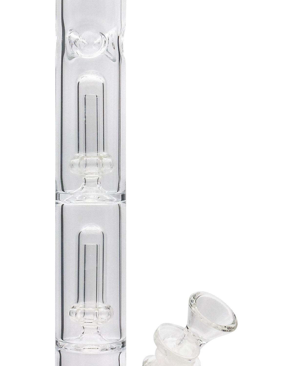A front view of the 14" Tall Clear Double UFO Showerhead Perc Straight Tube, showing the clear glass construction and showerhead perc design.