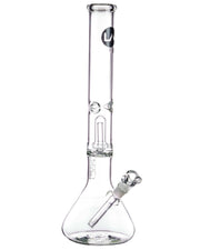 A straight-on view of the 16" Clear UFO Showerhead Perc Beaker Bong, showcasing its clear glass construction and wide base.