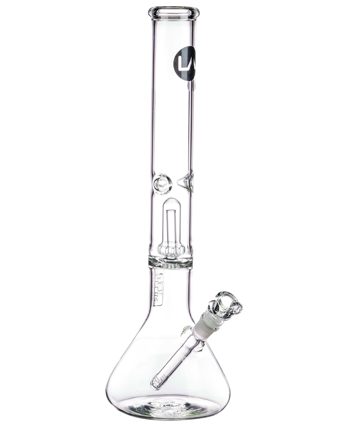 A straight-on view of the 16" Clear UFO Showerhead Perc Beaker Bong, showcasing its clear glass construction and wide base.