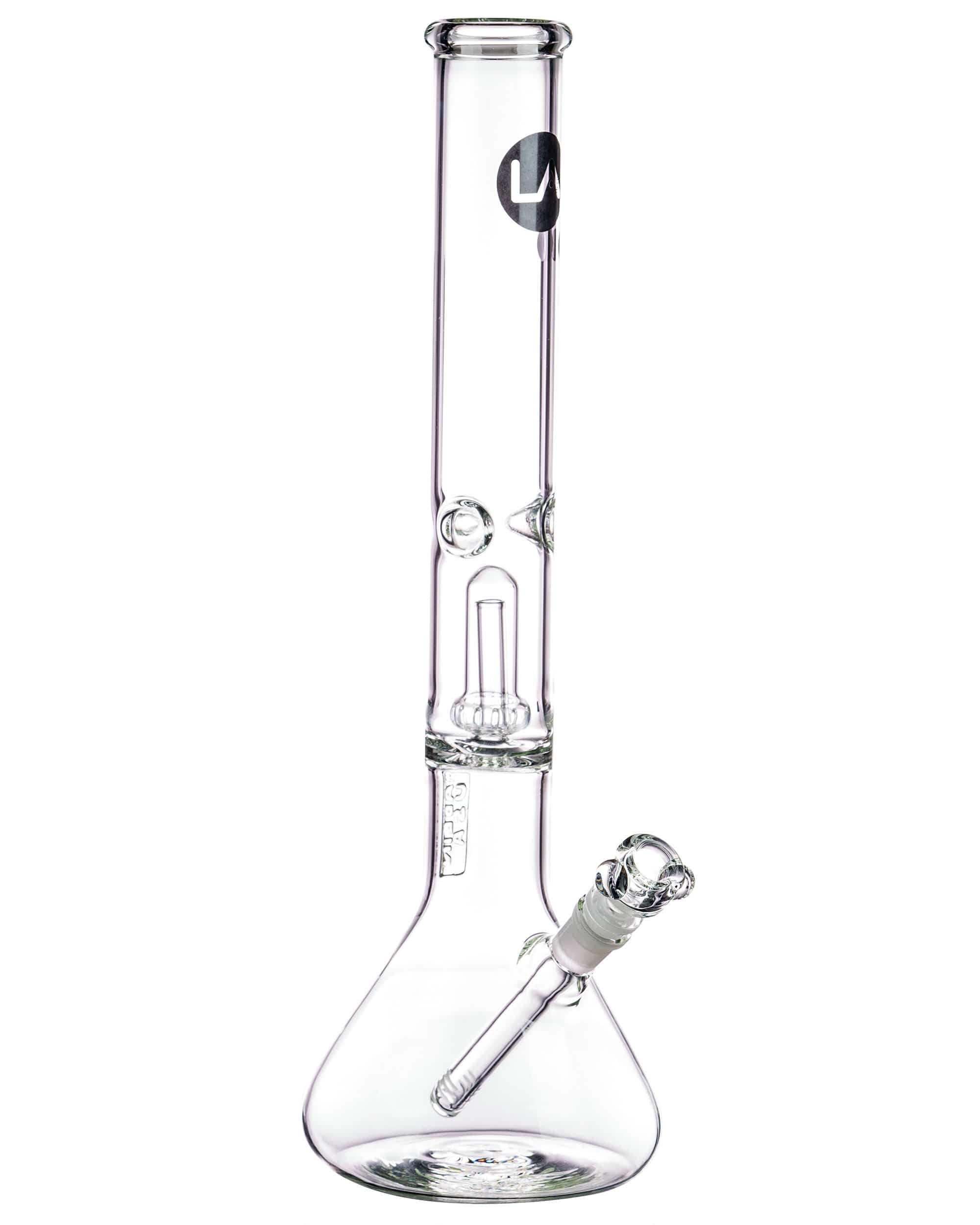 A straight-on view of the 16" Clear UFO Showerhead Perc Beaker Bong, showcasing its clear glass construction and wide base.