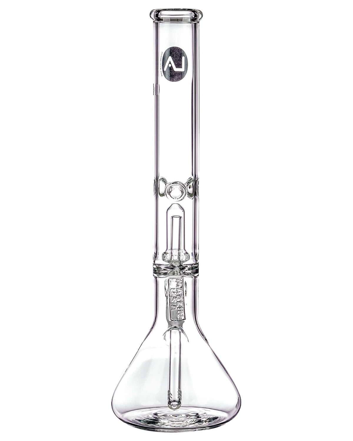 A straight-on view of the 16" Clear UFO Showerhead Perc Beaker Bong, showcasing its clear glass construction and showerhead percolator.