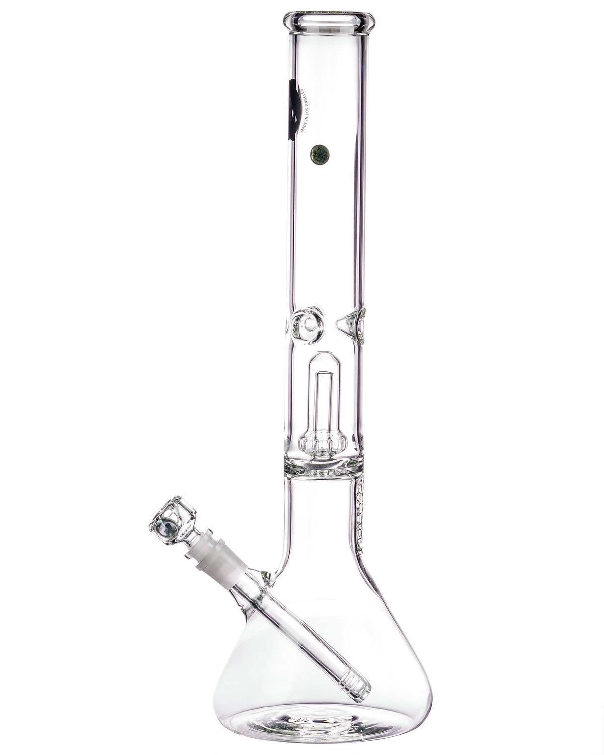 A studio shot of the 16" Clear UFO Showerhead Perc Beaker Bong, highlighting its clear glass construction and beaker shape.
