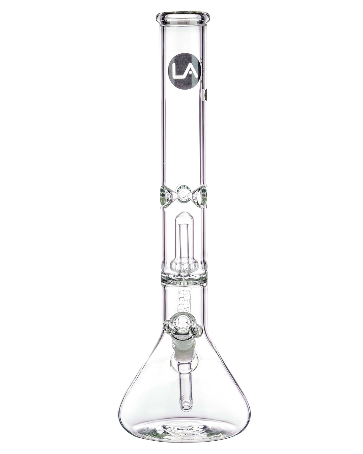 Front view of the 16" Clear UFO Showerhead Perc Beaker Bong, showcasing its clear glass construction and wide-base beaker shape.