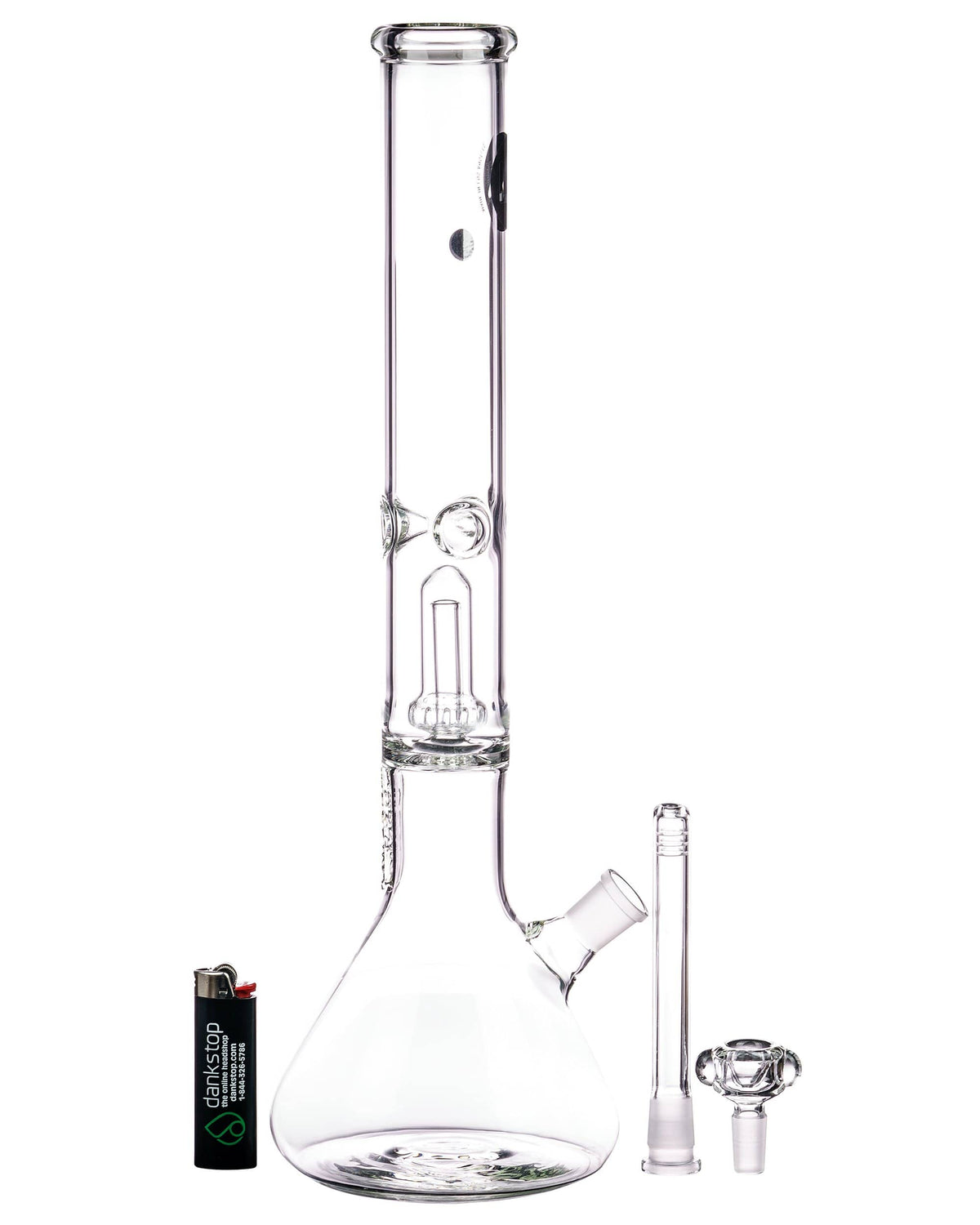 A front view of the 16" Clear UFO Showerhead Perc Beaker Bong, showcasing its clear glass construction and unique showerhead perc design.