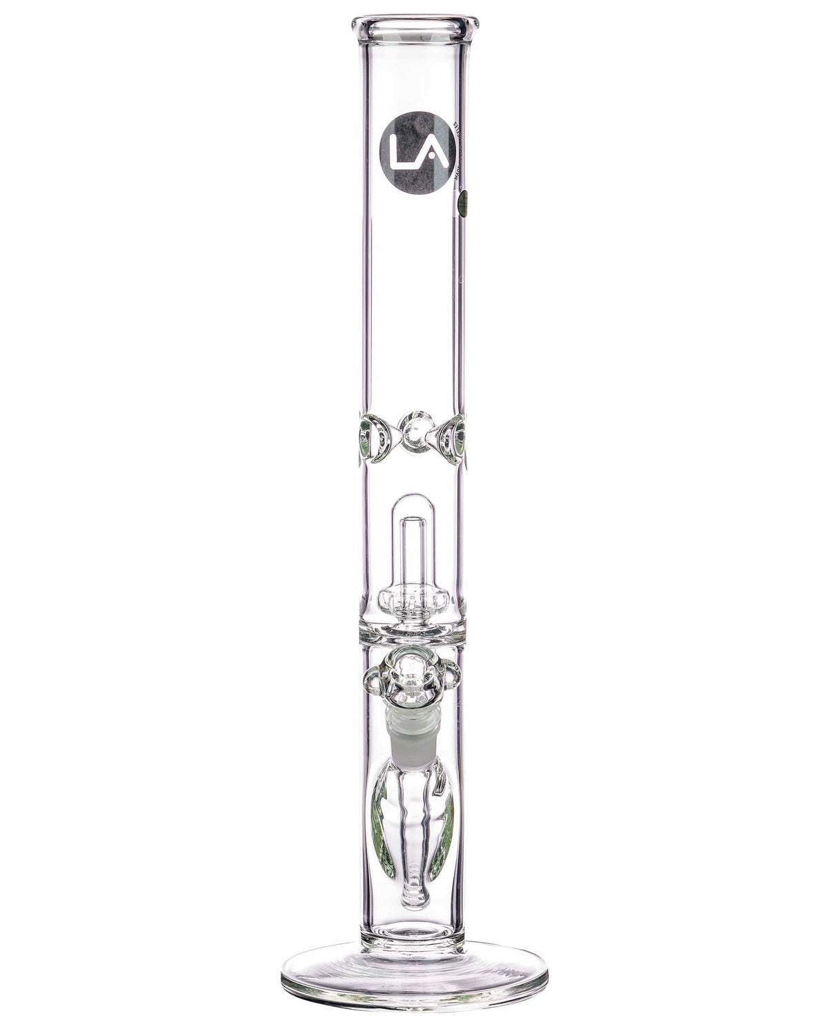 Front view of the 16" Clear UFO Showerhead Perc Straight Tube, showcasing its clear glass construction and slender profile.