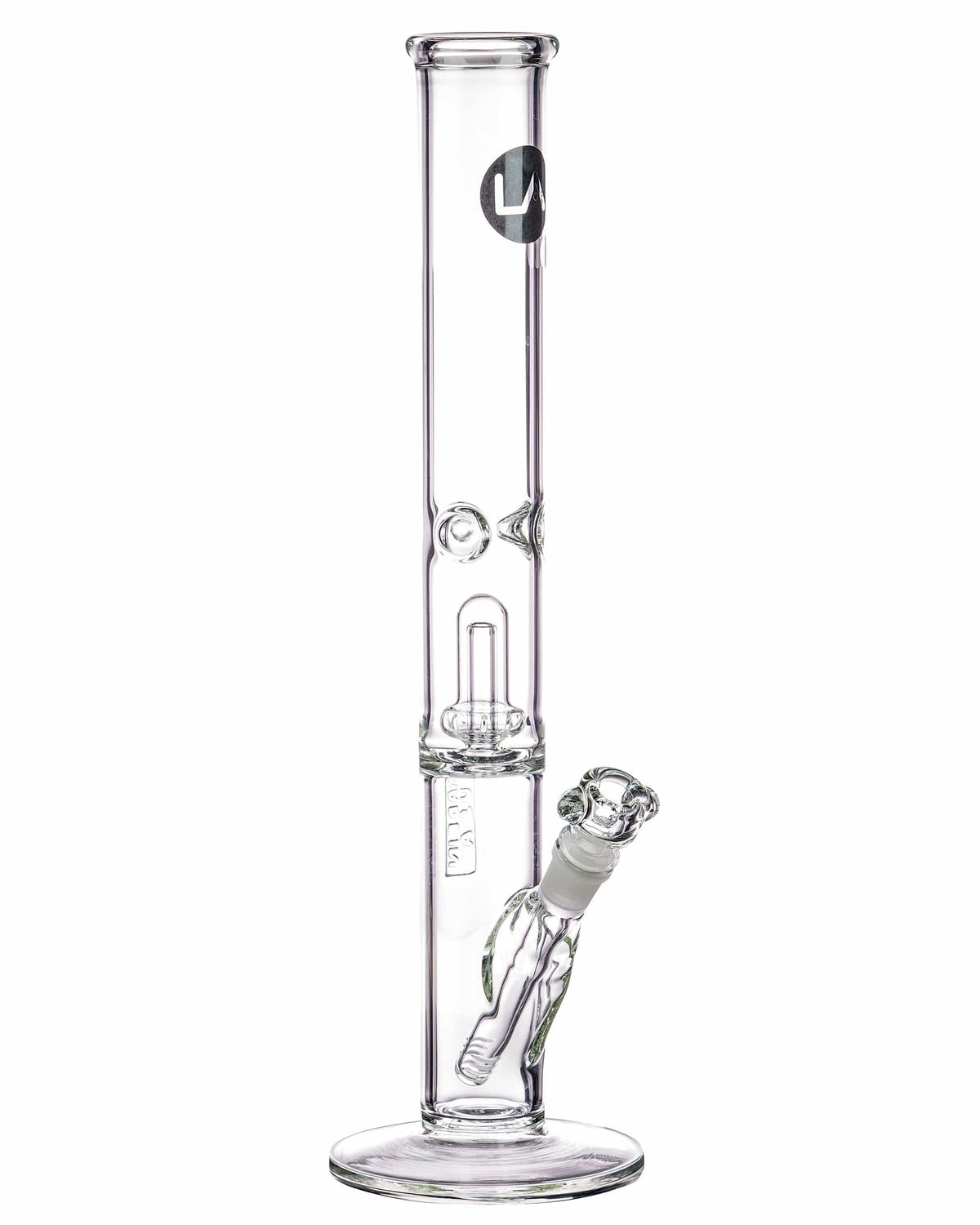 Front view of the 16" Clear UFO Showerhead Perc Straight Tube, showcasing its clear glass construction and simple cylindrical form.