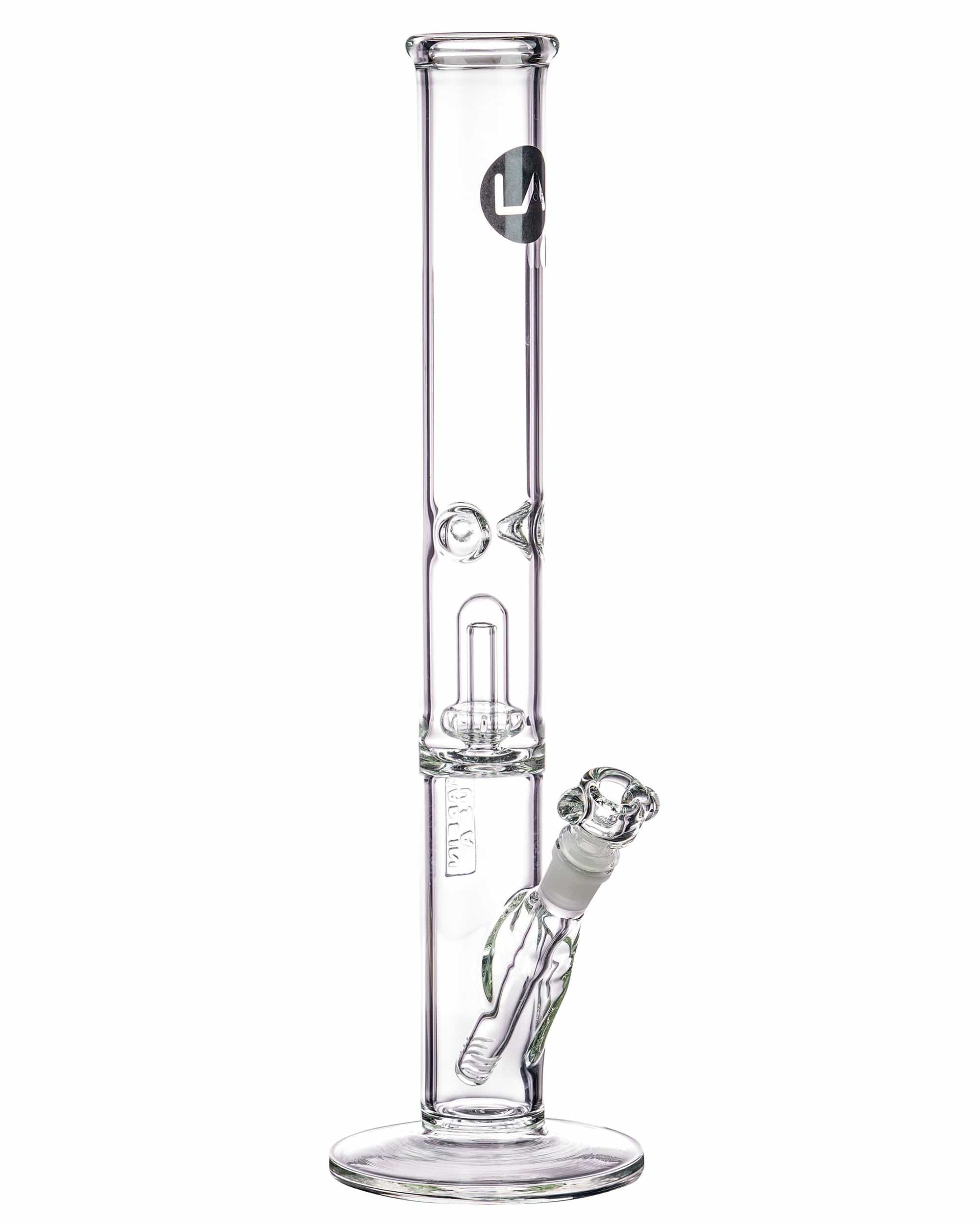 Front view of the 16" Clear UFO Showerhead Perc Straight Tube, showcasing its clear glass construction and simple cylindrical form.