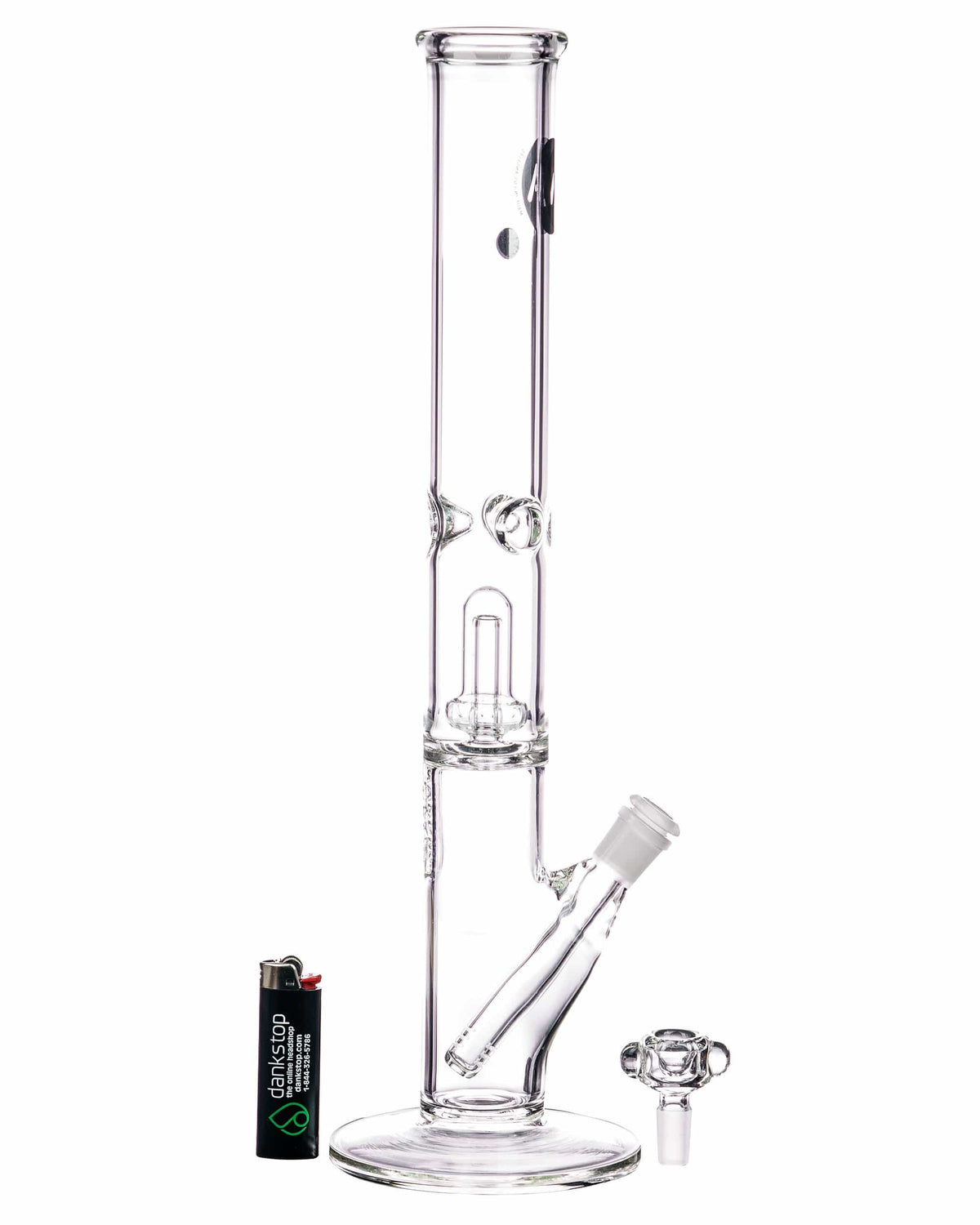 A studio shot of the 16" Clear UFO Showerhead Perc Straight Tube, showcasing its clear glass construction and straight tube design.