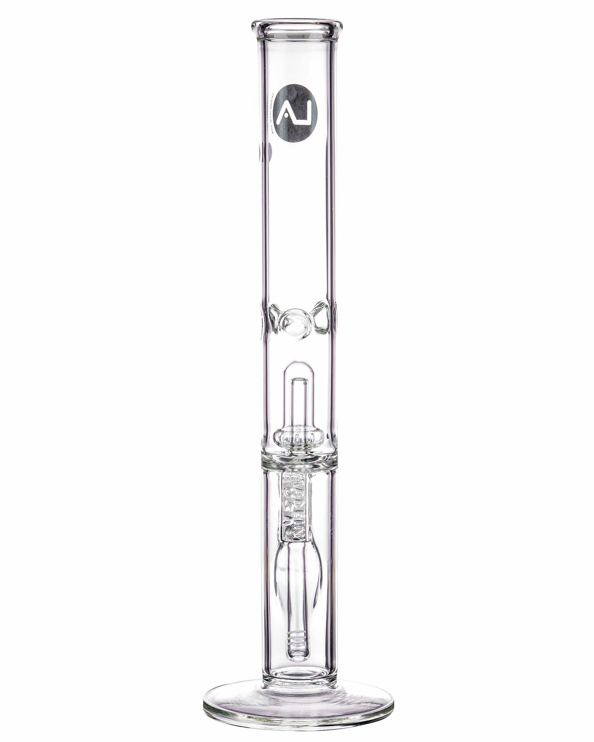Front view of the 16" Clear UFO Showerhead Perc Straight Tube, showcasing its clear glass construction and simple, cylindrical form.