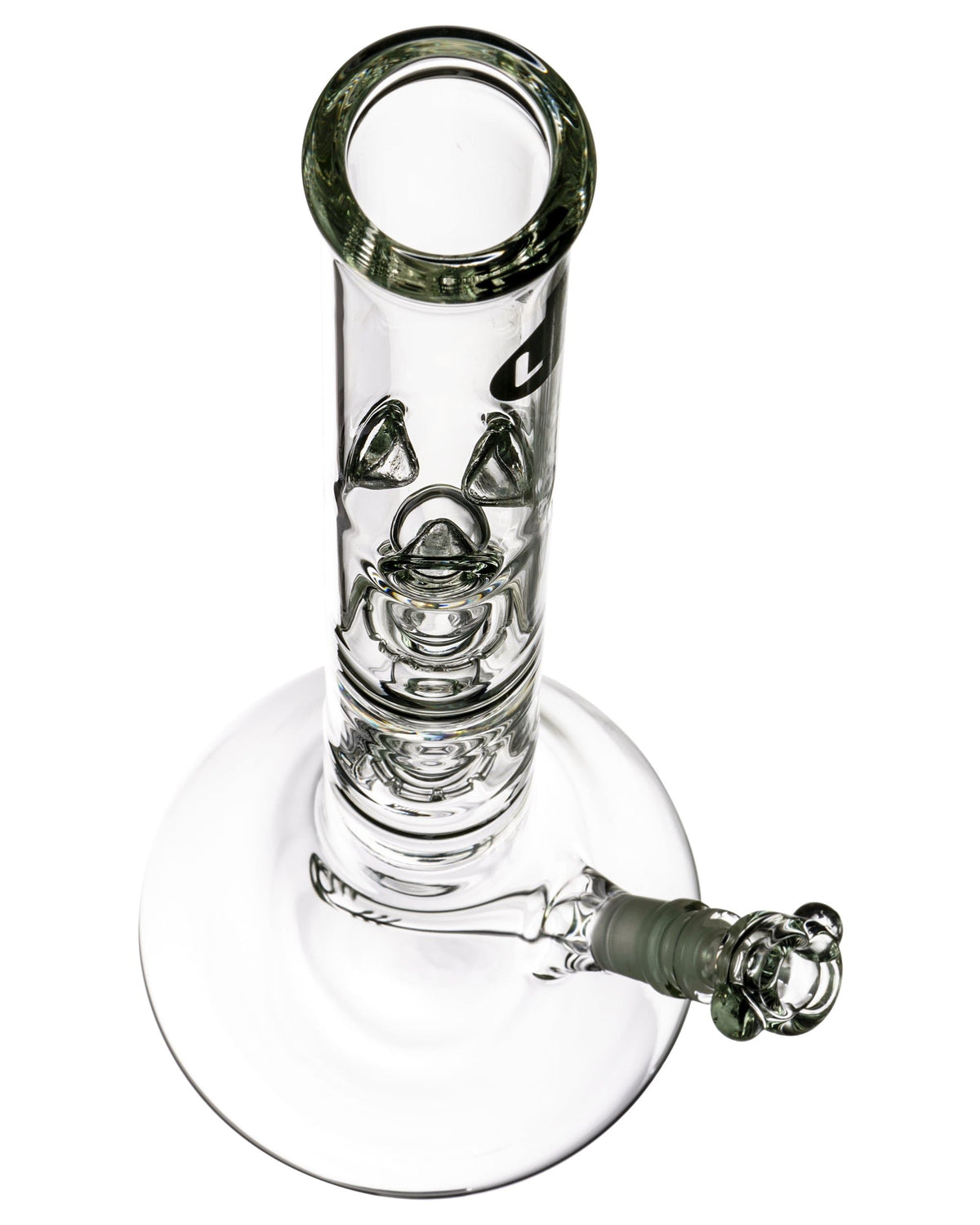 A front view of the 20'' Clear Double Showerhead Perc Beaker Bong, showing the clear glass construction and curved neck.