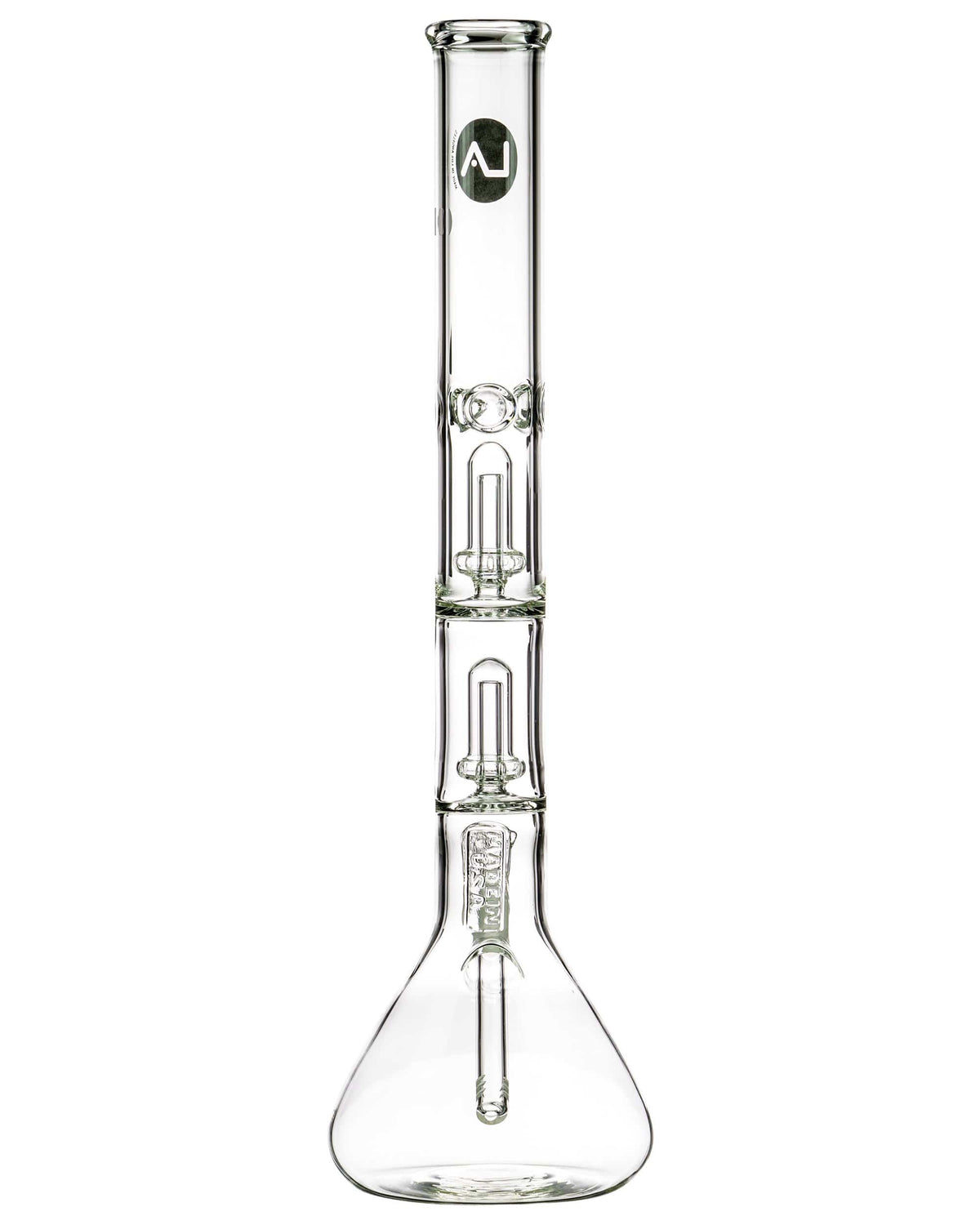 A straight-on view of the 20'' Clear Double Showerhead Perc Beaker Bong, showcasing its clear glass construction and showerhead percolator.