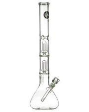A front view of the 20'' Clear Double Showerhead Perc Beaker Bong, showcasing its clear glass construction and showerhead percolator details.