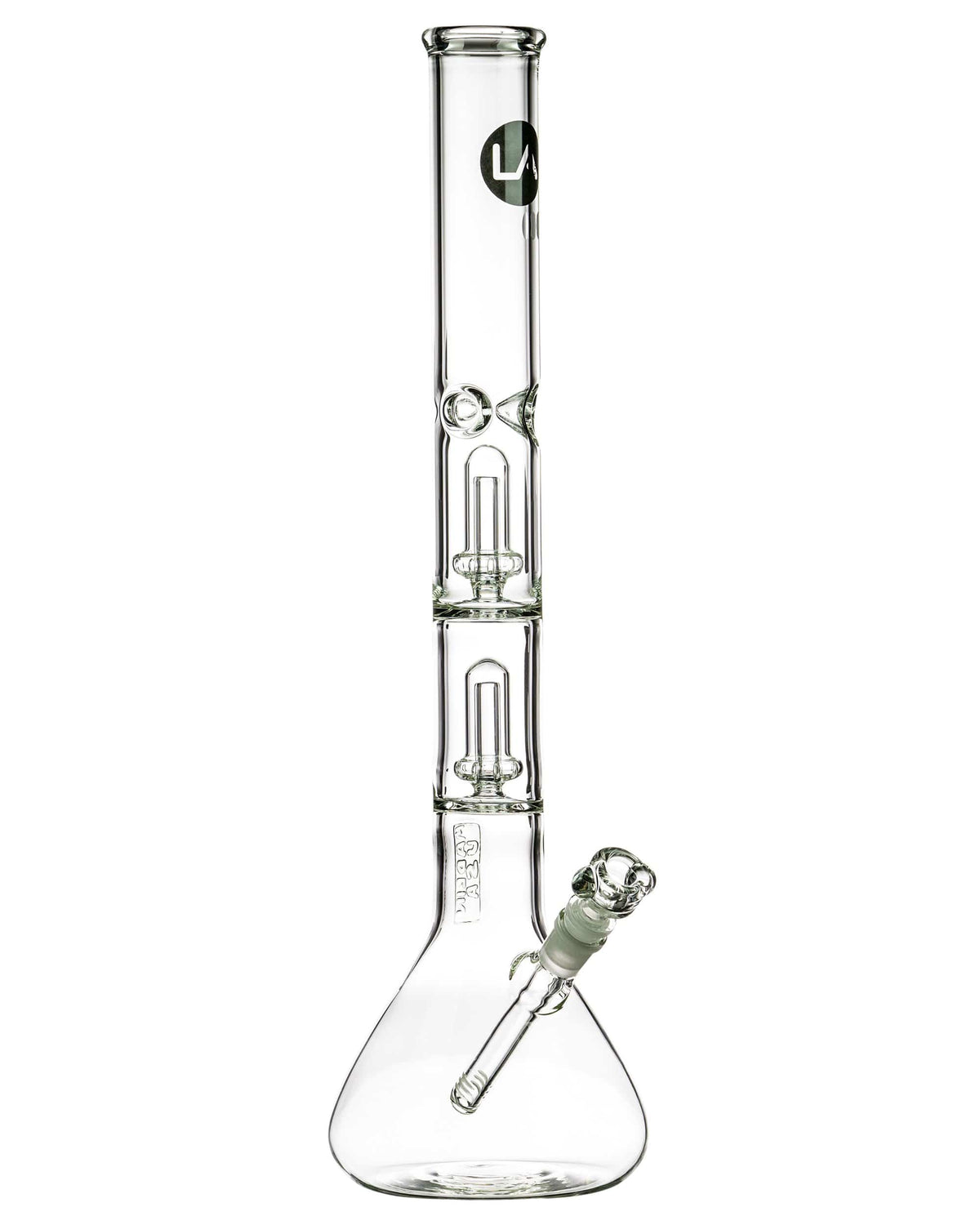 A front view of the 20'' Clear Double Showerhead Perc Beaker Bong, showcasing its clear glass construction and showerhead percolator details.