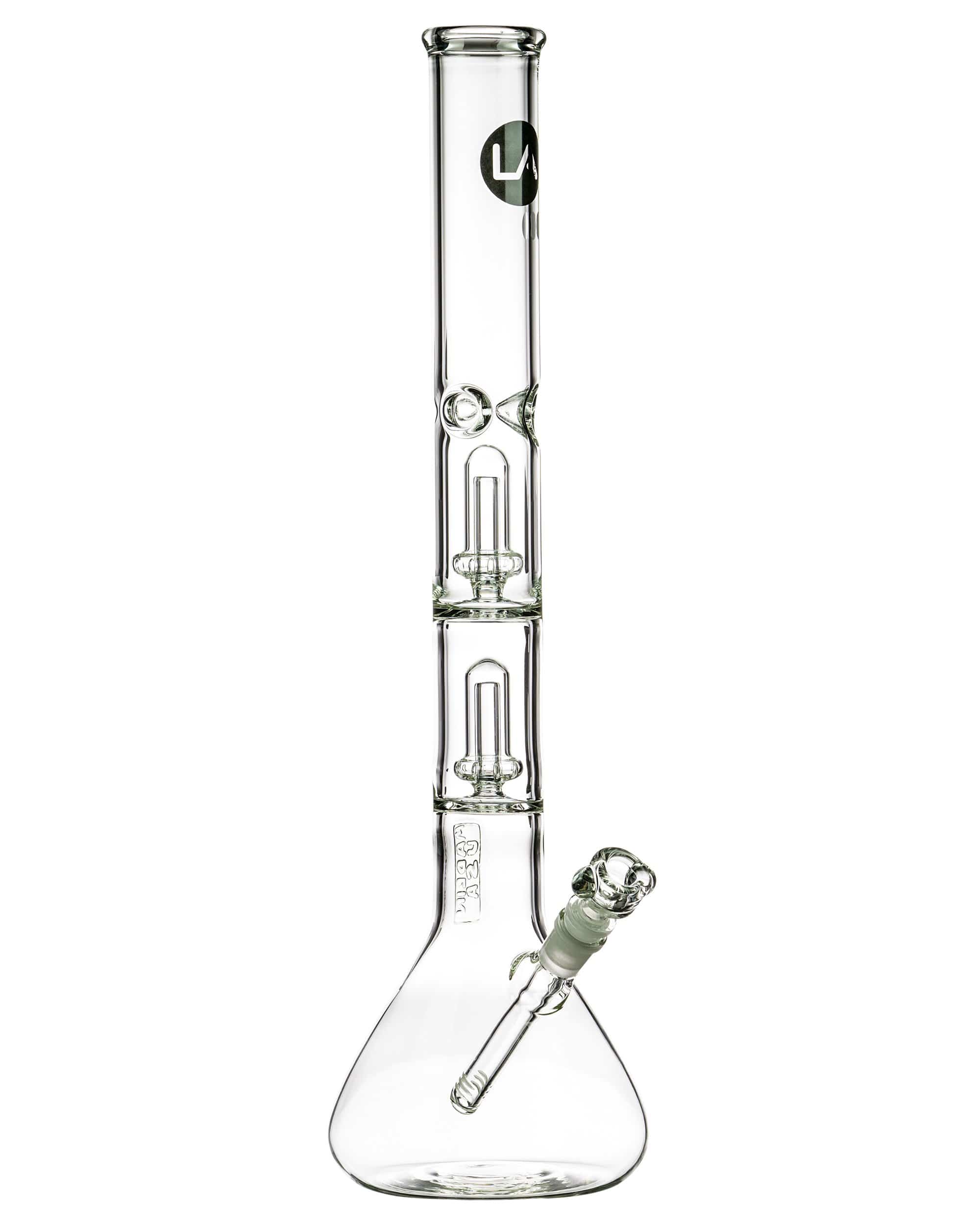 A front view of the 20'' Clear Double Showerhead Perc Beaker Bong, showcasing its clear glass construction and showerhead percolator details.