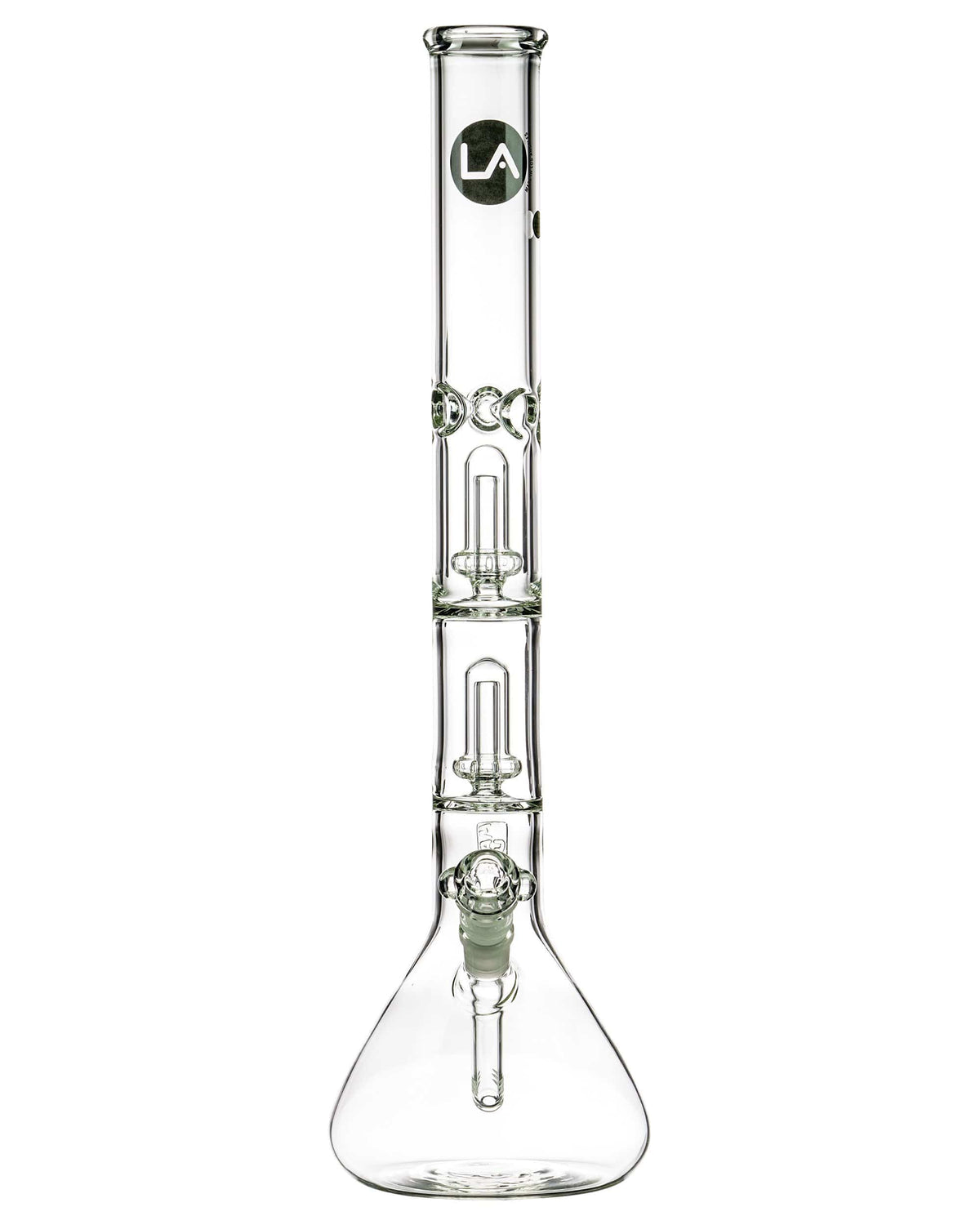 Front view of the 20'' Clear Double Showerhead Perc Beaker Bong, showcasing its clear glass construction and simple beaker shape.
