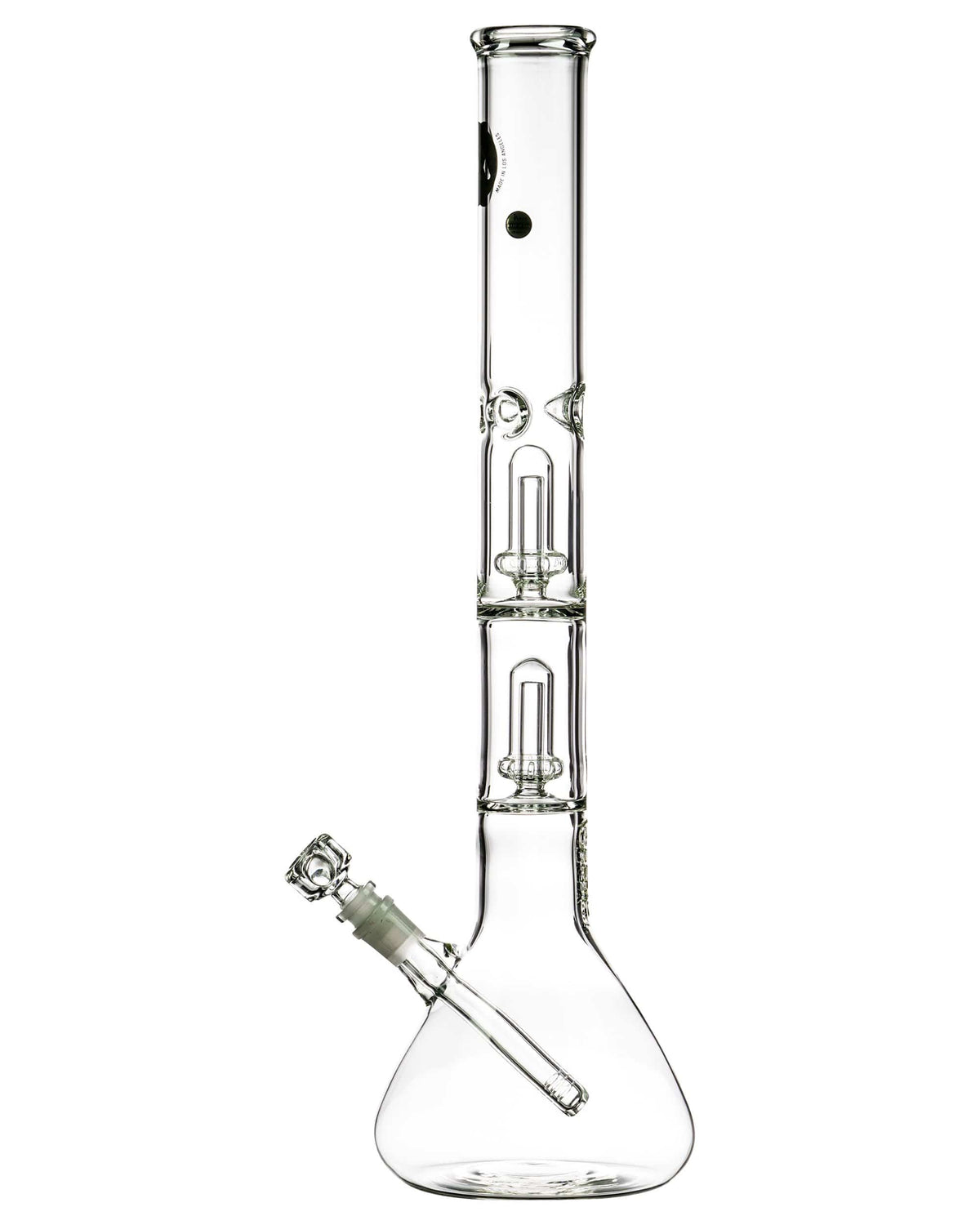 Front view of the 20'' Clear Double Showerhead Perc Beaker Bong, showing a tall, clear glass piece with a flared base.