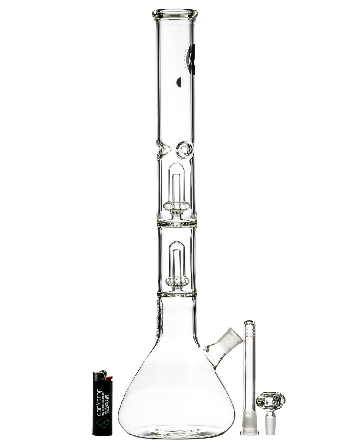 A studio shot of the 20'' Clear Double Showerhead Perc Beaker Bong, displaying its clear glass construction and showerhead percolator details.
