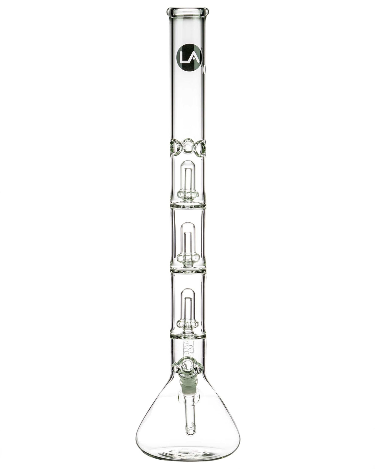 A straight-on view of the 26" Clear Triple Showerhead Perc Beaker Bong, showcasing its clear glass construction and layered perc diffusers.