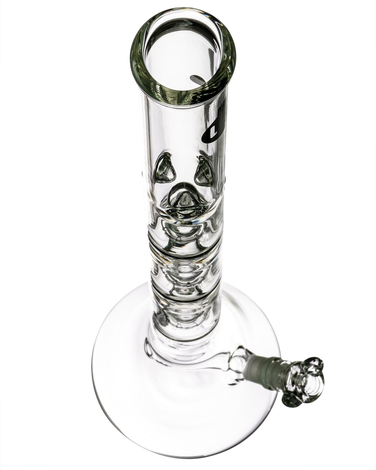 A front view of the 26" Clear Triple Showerhead Perc Beaker Bong, showcasing the clear glass and beaker shape.